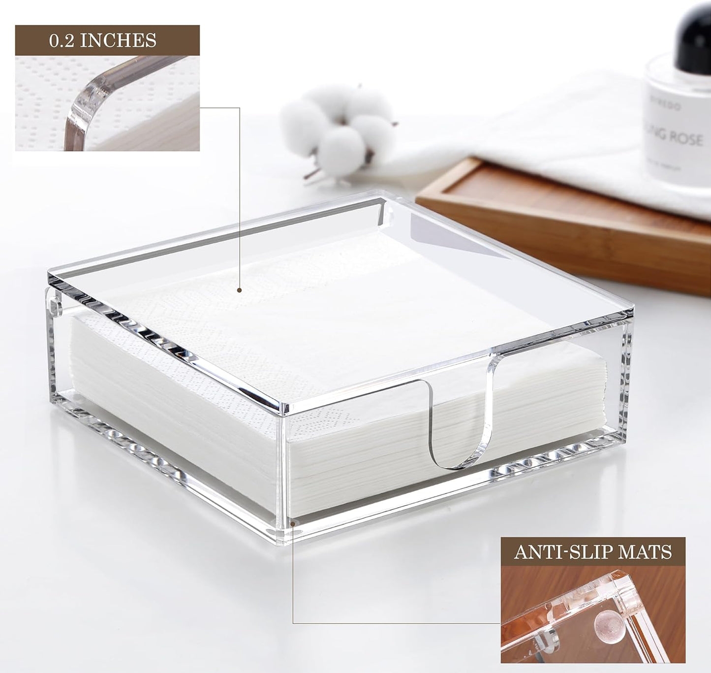 DINGHUO Acrylic Napkin Holder, 7"x 7"x 2.4" Flat Luncheon Napkin Dispenser with Lid, Clear Flip-top Waterproof Paper Napkin Container Organizer for Table, Kitchen, Indoor & Outdoor, Bathroom Vanity