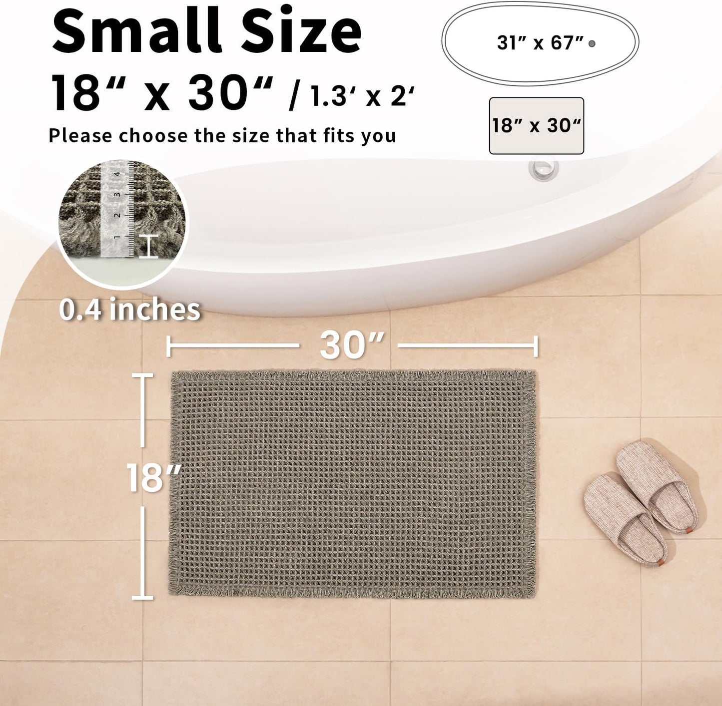 Waffle Bath Mat - Boho Bathroom Rugs Non Slip Washable, Super Absorbent & Quick Dry, Small Bath Mats Farmhouse Bathroom Decor, 18'' x 30'', Olive Green