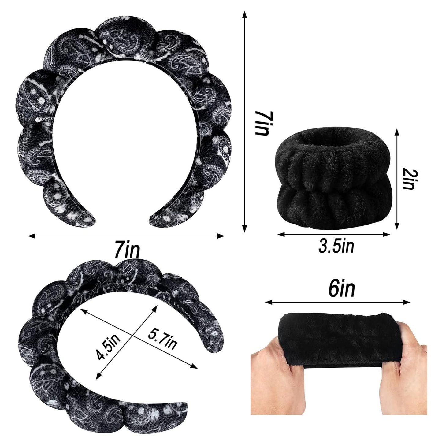 Zkptops Spa Headband for Washing Face Wristband Set Sponge Makeup Skincare Velvet Fabric Bubble Soft Get Ready Hairbands for Women Puffy Headwear Non Slip Thick Thin Hair Accessory(Black Large Nuts)