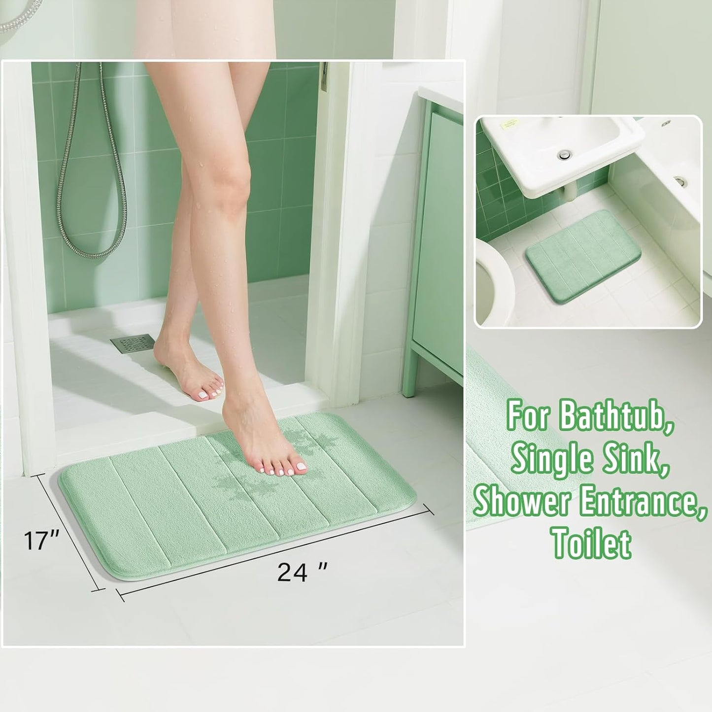 Yimobra Memory Foam Bath Mat, Super Soft Absorbent Bathroom Rug Non Slip 24x17 Inch, Quick Dry, Machine Washable Floor Carpet for Tub Shower, Home Decor Accessories, Pale Green