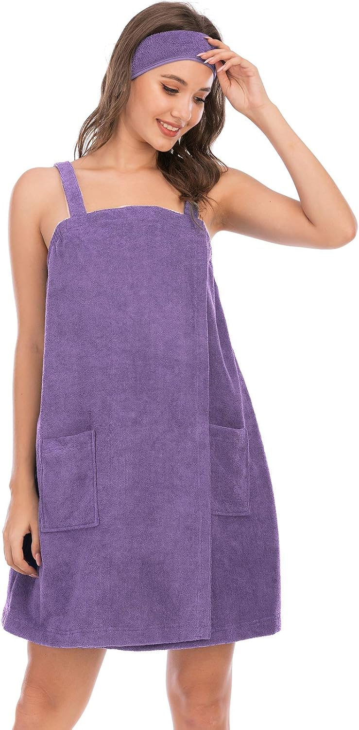 Veseacky Women Bath Wrap Towel for Womens Shower with Pocket Adjustable Spa Robe & Facial Headband