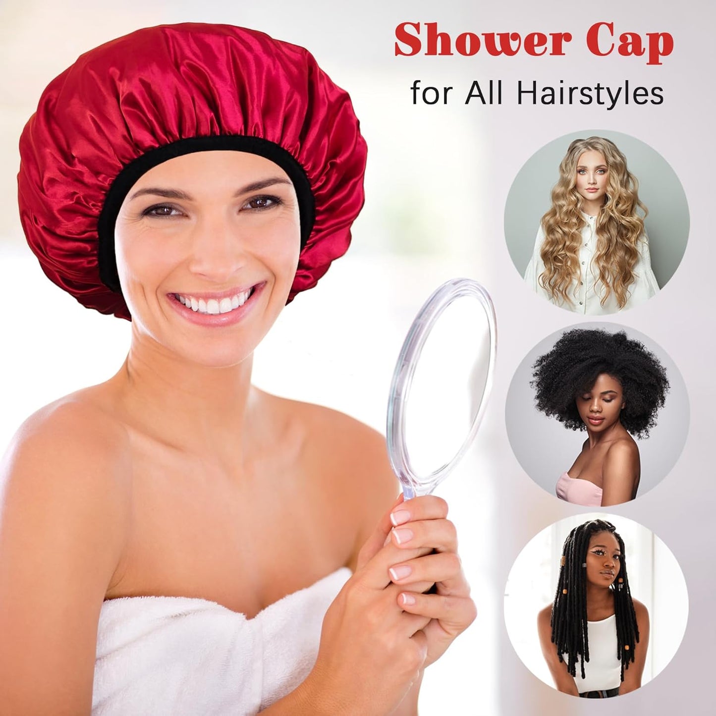 Shower Cap Reusable Waterproof, Terry Lined Shower Caps for Women, Triple Layer Hair Cap for Shower, Large Plastic Shower Cap for Braids Long Hair