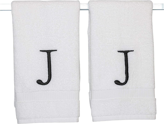 Black Letter Hand Towel for Bathroom - Monogrammed Initial Hotel Quality Decorative Embroidered Towel for Powder Room, Spa - GOTS Organic Certified - Set of 2 Letter J