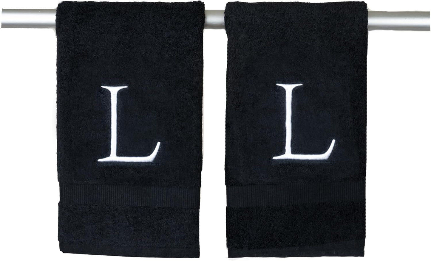 Black Bathroom Hand Towel - Monogrammed Luxury Hotel Quality Decorative Embroidered Towel for Powder Room, Spa - GOTS Organic Certified - Set of 2 White Letter L
