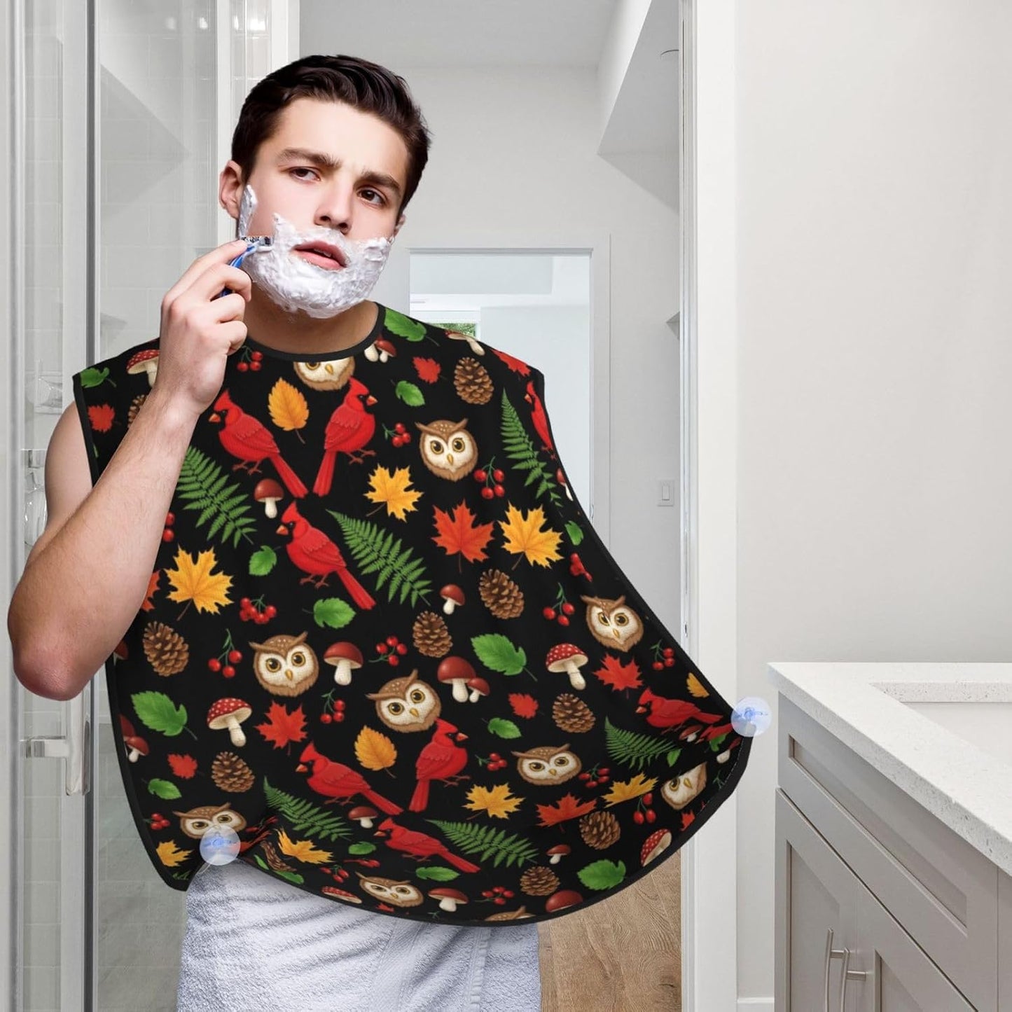 Non-Stick Beard Shaving Bib, Hair Catcher Apron with Suction Cups, Waterproof Grooming Tool for Men Husband, Christmas Red Birds Owl Autumn Fall Leaves Mushrooms Shave Bib