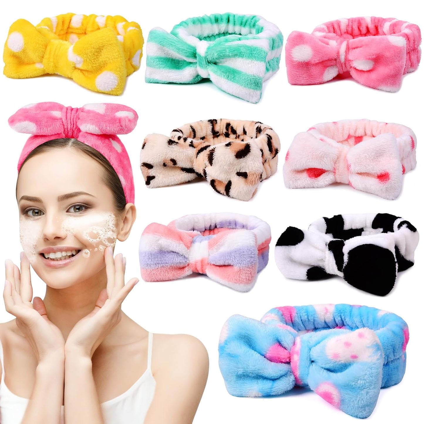 UMIKU 8 Pack Stocking Stuffers For Women Teen Girls Spa Headband for Women Facial Makeup Headband Soft Coral Fleece Bow Hair Band Party Favors for Washing Face Mask Spa Christmas Gifts For Woman Adult