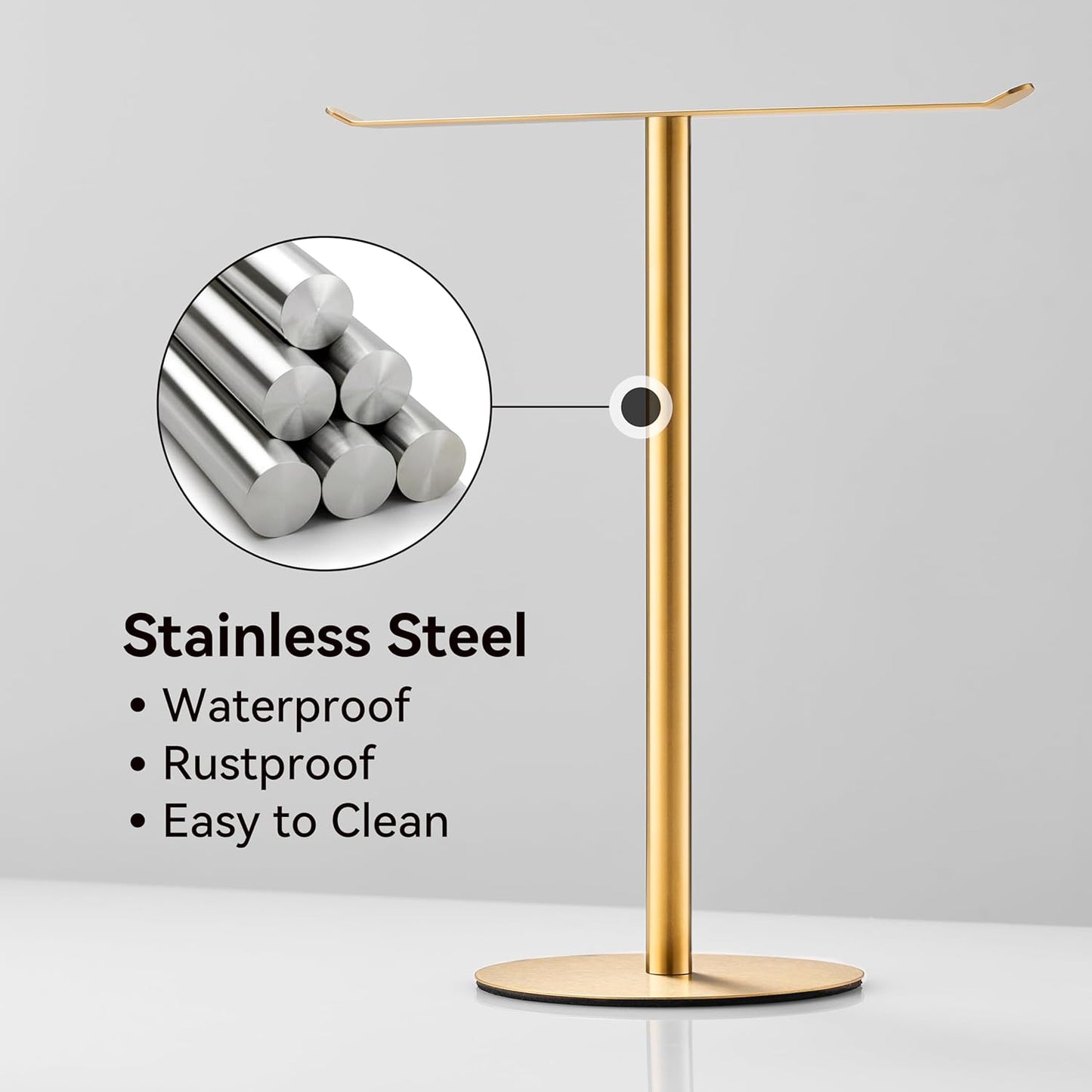 Gold Hand Towel Holder Stand – Countertop T-Shaped Stainless Steel Towel Rack with Non-Slip Base for Vanity and Kitchen