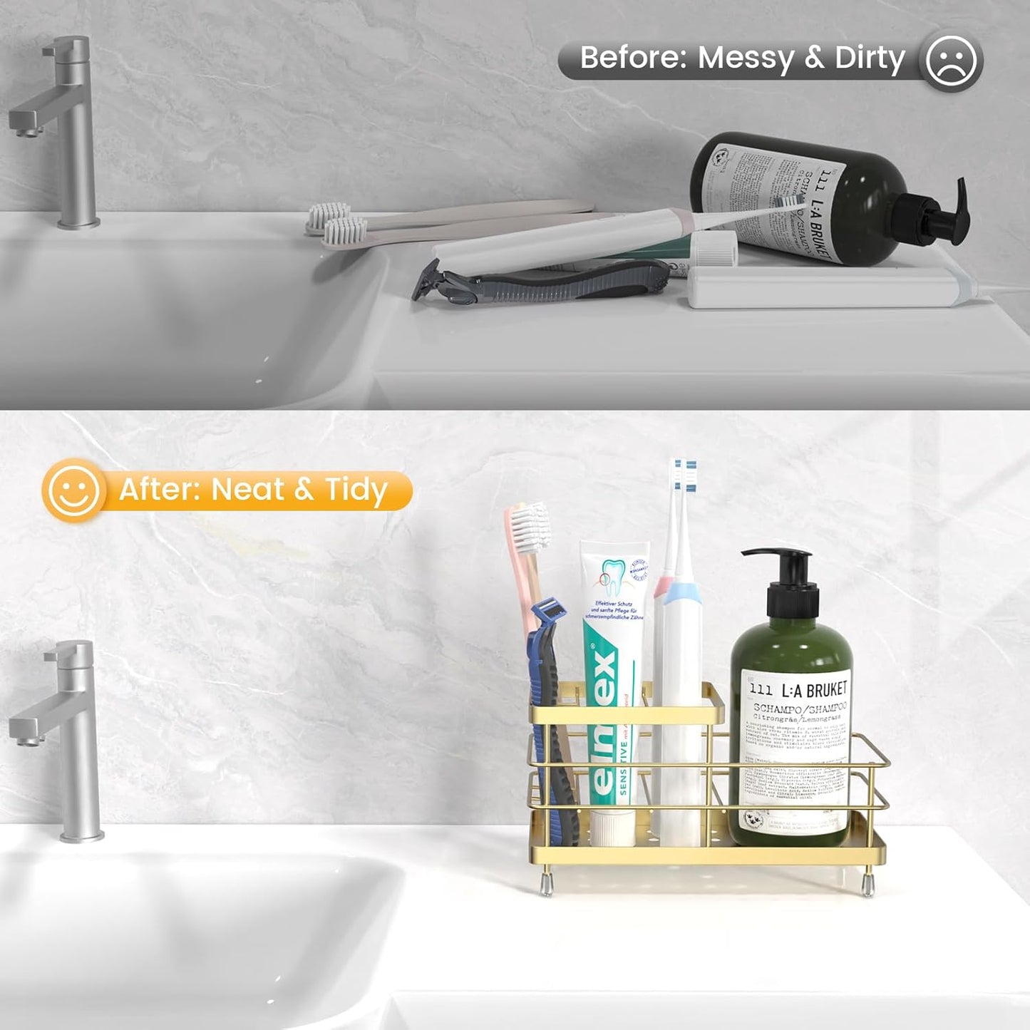 Luxspire Toothbrush Holders, 6 Slots Stainless Steel Tooth Brush Holder with Drainage, Toothbrush Holder for Bathroom Countertop & Kitchen Sink, Bathroom Accessories, Gold