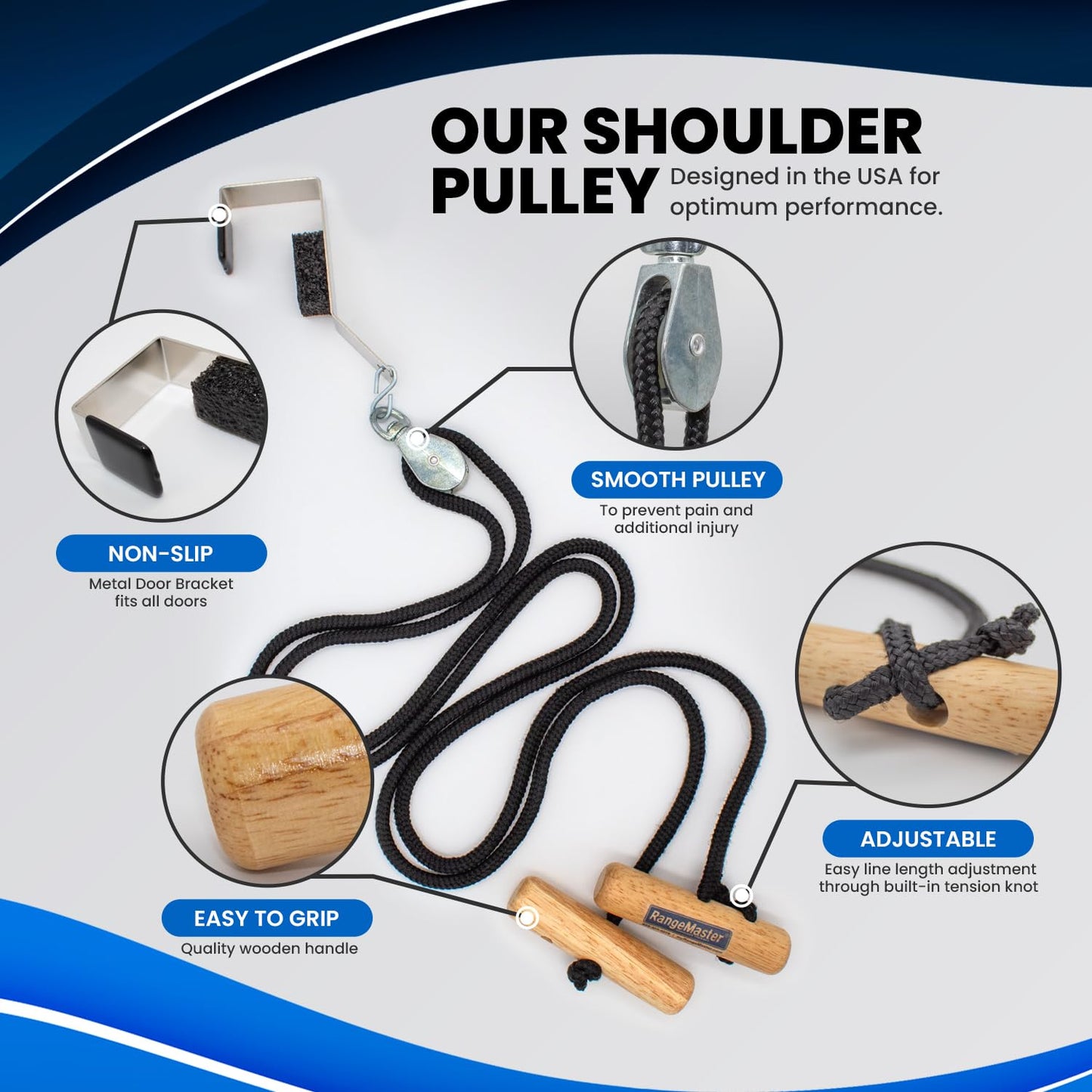 RangeMaster EconoRanger Shoulder Pulley for Over The Door Physical Therapy | Arm Rehab, Rotator Cuff and Surgery Recovery, Pulleys to Alleviate Shoulder Pain | Metal Bracket Door Attachment (Black)