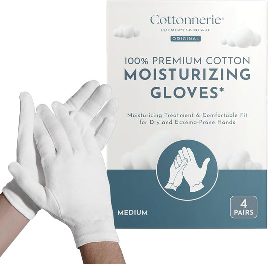 Cottonnerie Original Cotton Gloves for Dry Hands Sleeping, Moisturizing Gloves Overnight, Hand Moisturizer Gloves, Moisture Gloves for Dry Hands Overnight, Sleeping Gloves, Medium 4 Pairs