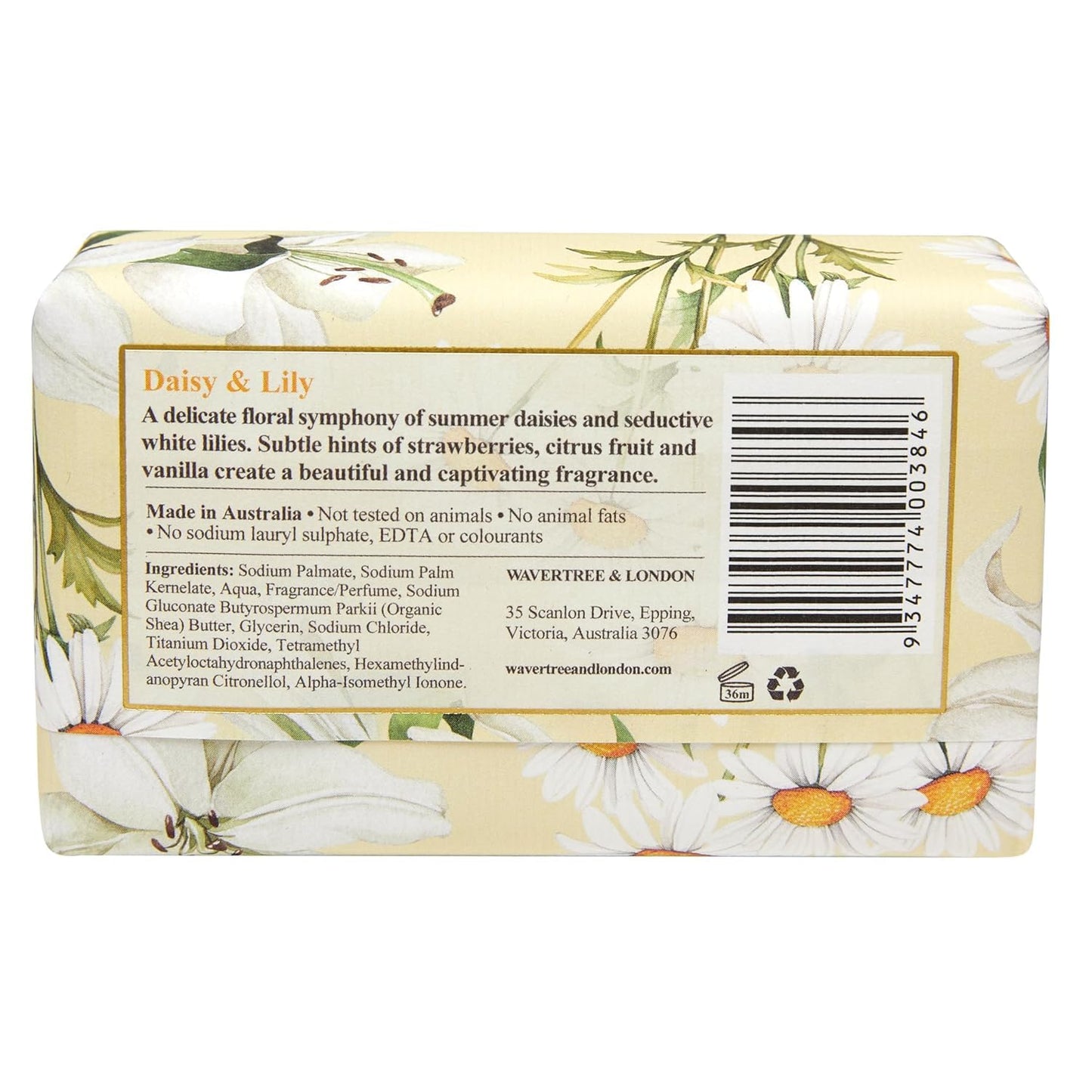 Wavertree & London Daisy & Lily Scented Natural Soap Bar, 7oz Moisturizing French Triple Milled Soap Bar for Women & Men