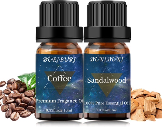 BURIBURI Sandalwood Oil Essential Oil and Coffee Essential Oil 10ml, 100% Pure Coffee Fragrance Oil for Diffuser, Massage