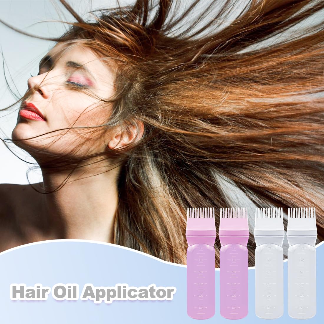 ELANE 4 Pcs Root Comb Applicator Bottle 6oz,Hair Oil Applicator Bottle for Hair,Oil Comb Applicator Hair Bottle Applicator for Hair Dye Shampoos Hair Salons Camping Traveling(white+pink)