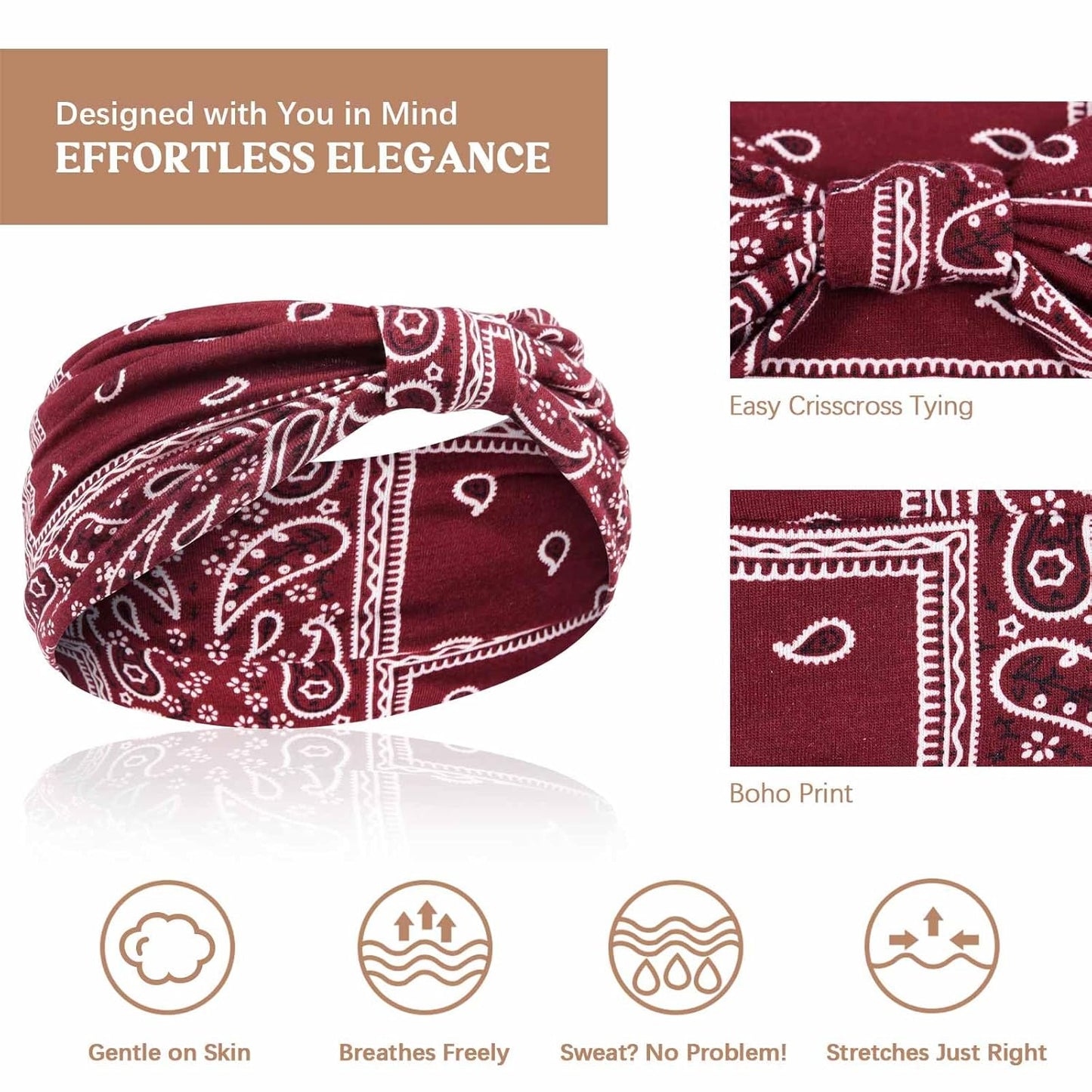 Wide Headbands for Women Knotted No Slip Head Bands Soft Turban Headband Hair Accessories Boho African Solid Color Head Wraps for Women Yoga Workout Pack of 6(Boho)