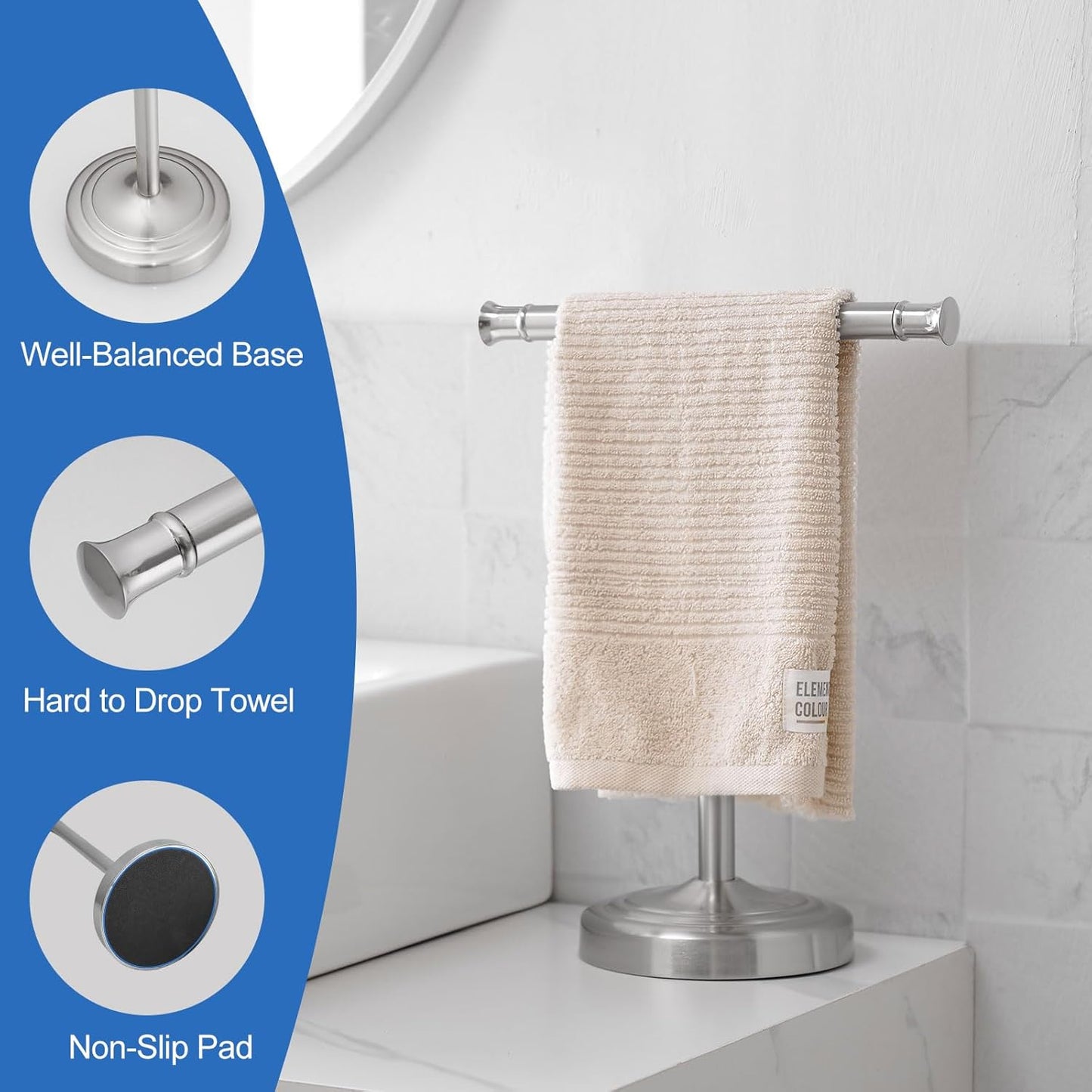 RUMOSE 13 Inch Brushed Nickel Towel Stand Hand Towel Holder Bathroom Kitchen Vanity Countertop T-Shape Towel Rack Free Standing Stainless Steel Towel Bar Towel Ring
