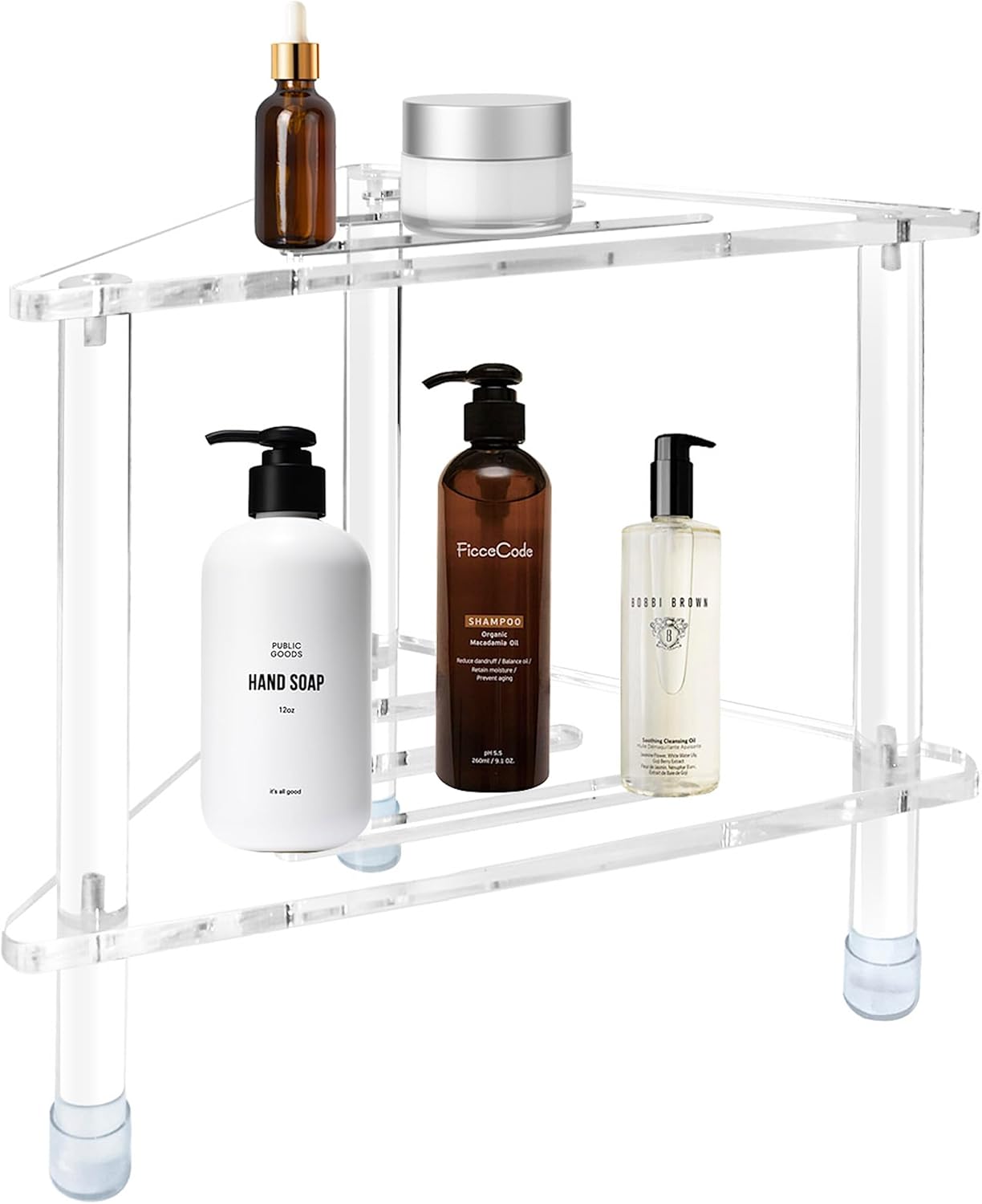 Acrylic Corner Shower Stool for Shaving Legs 14.3''H Clear Waterproof Foot Rest with Storage Shelf Triangle Shower Bench for Small Inside Spaces