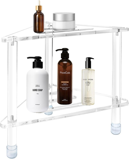 Acrylic Corner Shower Stool for Shaving Legs 14.3''H Clear Waterproof Foot Rest with Storage Shelf Triangle Shower Bench for Small Inside Spaces