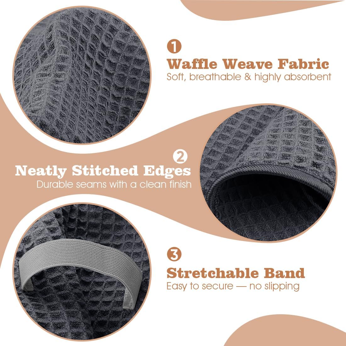 GLIMGLINT 2 Pack Large Microfiber Hair Towel Wrap for Women, Super Soft Hair Drying Towel, Fast Drying Waffle Hair Towel Wrap with Elastic Strap 40"X26.5" (Grey/Brown)