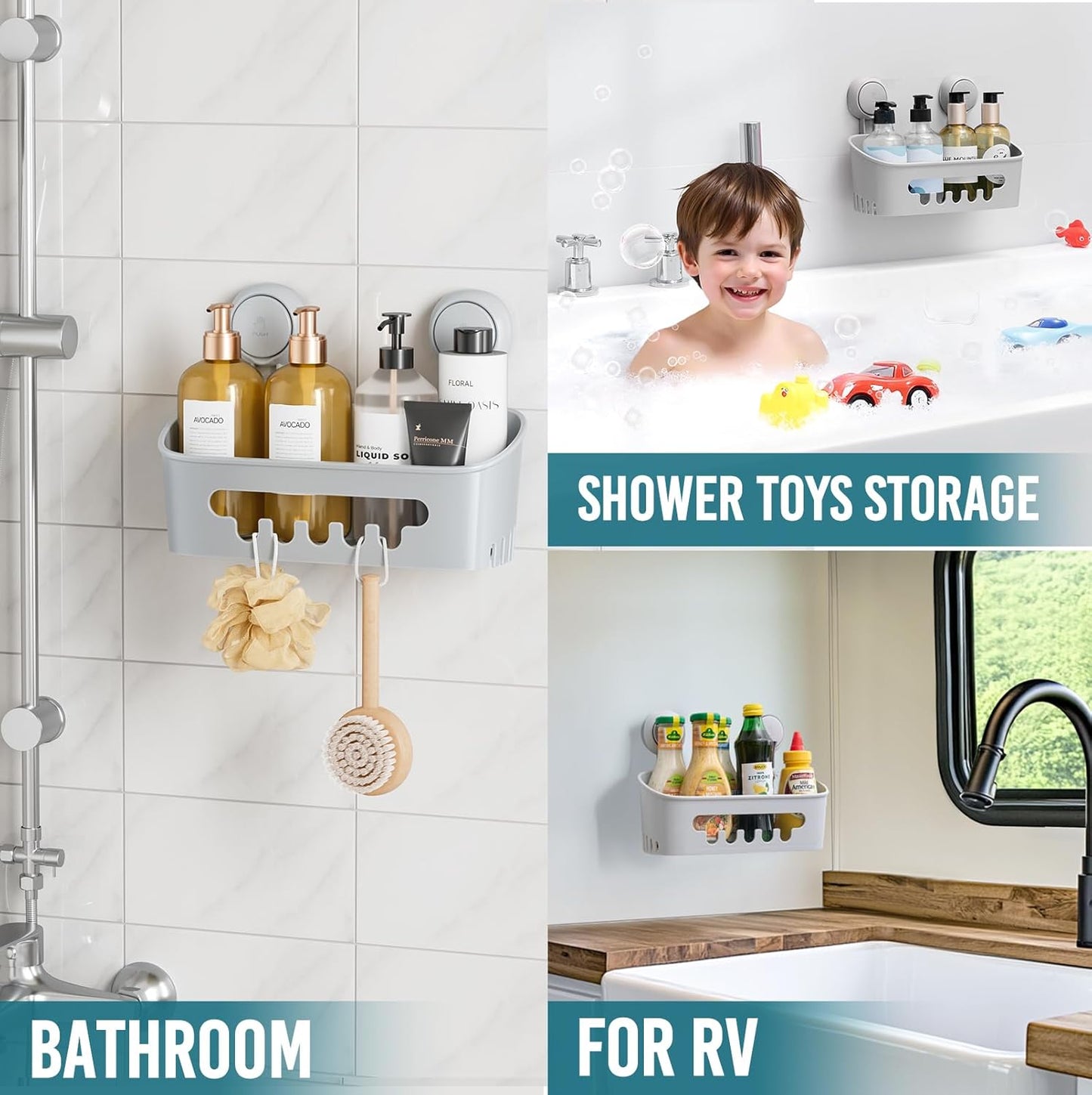 TAILI Shower Caddy Suction Cup, Heavy Duty Bathroom Organizer, Removable Shelves for Inside Shower, Shampoo, Waterproof Suction Plastic Storage for Bathroom Accessories Holder, Gray