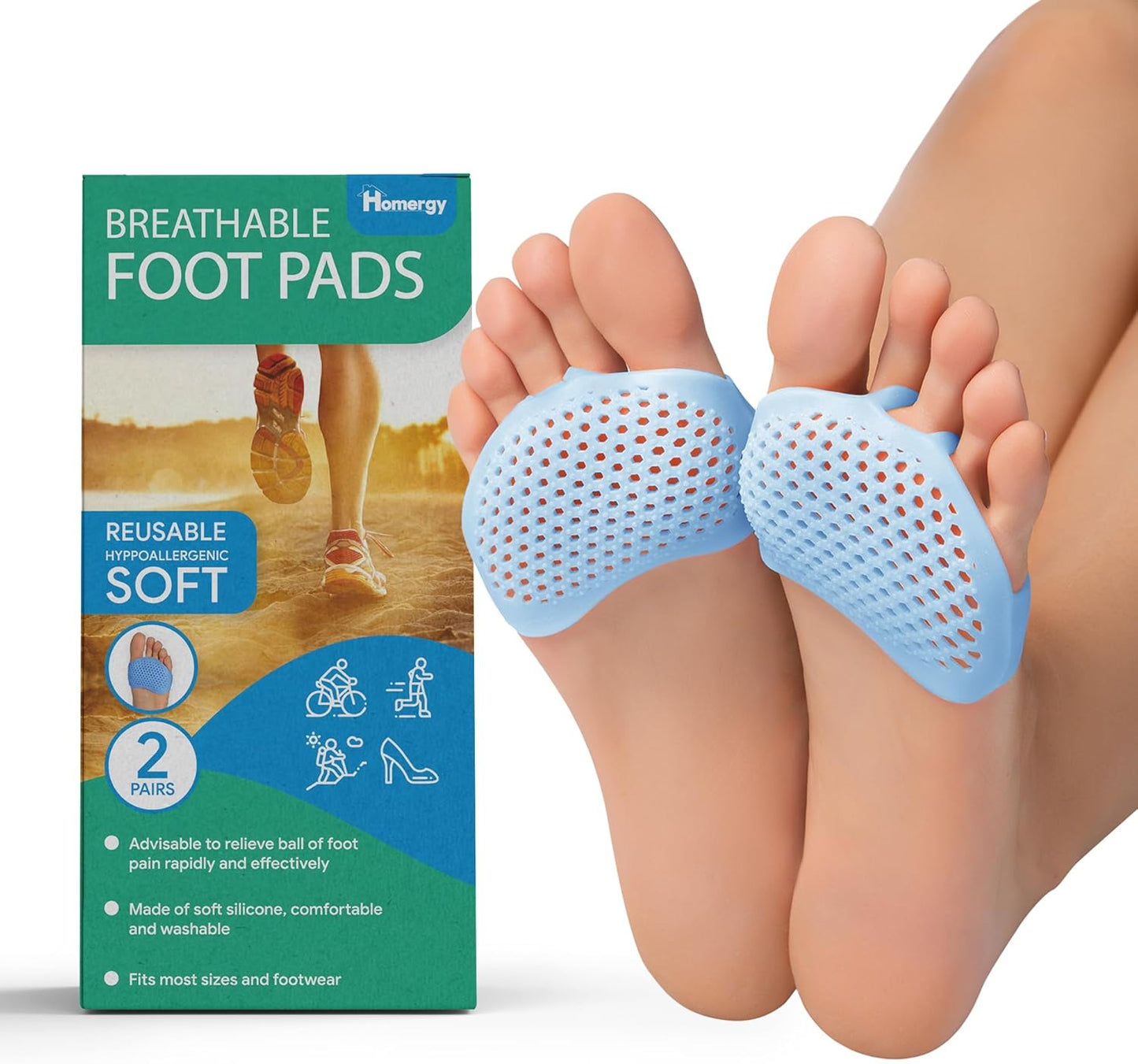 Homergy Metatarsal Foot Pads - Soft Gel Ball of Foot Cushions for Pain Relief, Ultra-Thin Sleeve Design, Stays in Place, Breathable & Reusable - Fits Heels, Flats, Sneakers (4 Pads / 2 Pairs)