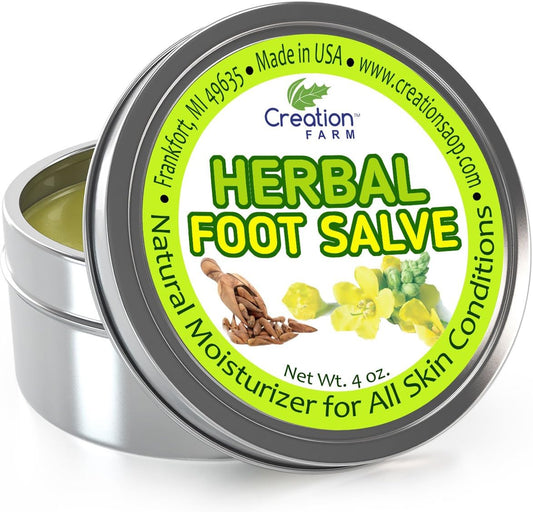 Foot Salve - Large 4 Oz Tin of Herb Foot Balm Cream Ointment - Mejor cuidado de Los pies With Peppermint & Tea Tree by Creation Farm