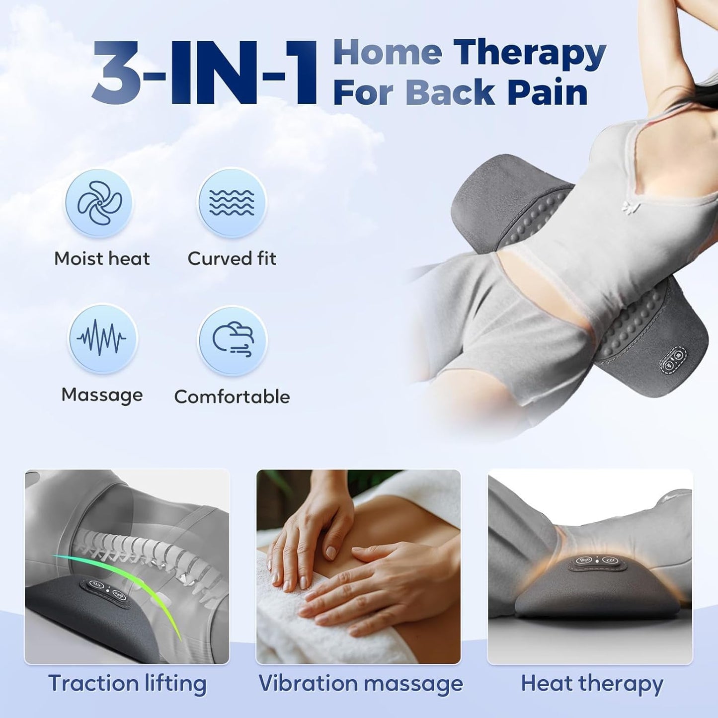Triple Fusion Back Massager, 3-in-1 Back Massager with Traction Lifting, Electric Fusion Massager with Lifting and Vibration Massage and Heat Compress Against Pain (Grey B)