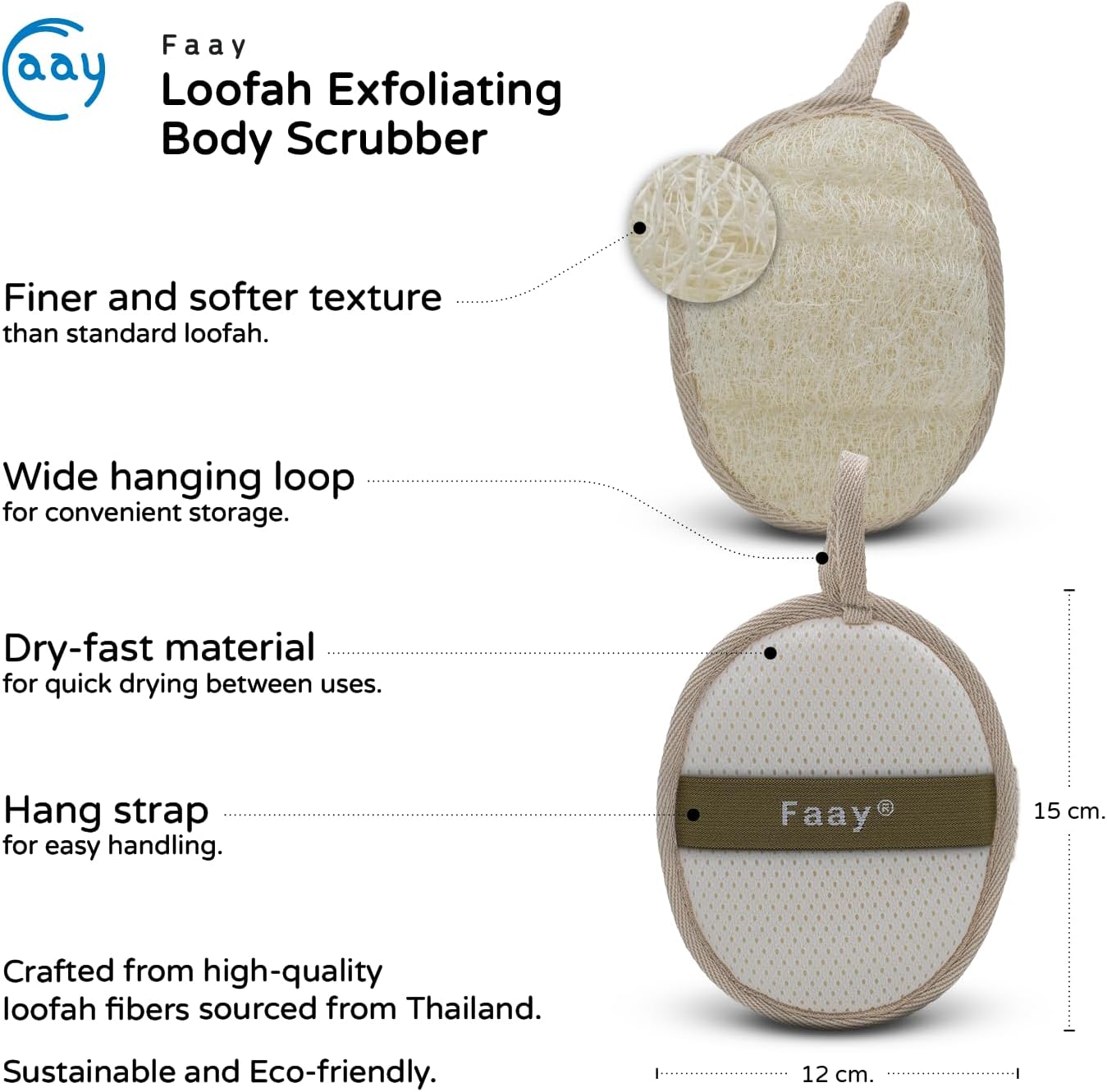FAAY Thai Loofah Spa Set – 17″ Teak-Handled Back Scrubber with Refill + 2 Face & Body Exfoliating Pads
