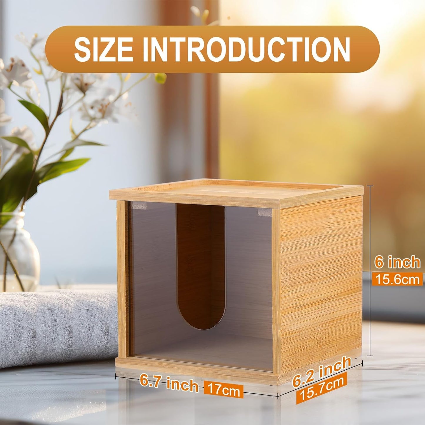 Chunful Disposable Face Towel Holder Box with Bamboo Lid, Acrylic Cosmetic Facial Towel Storage Container for Disposable Makeup Wipes Bathroom Vanity Countertop (Card Slot Connection)