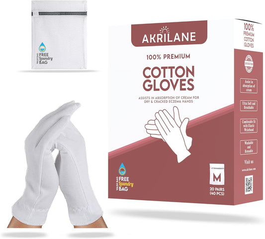 M Medium 20 Pairs 100% Premium Cotton Gloves for Dry Hands | Moisturizing Overnight Gloves for Eczema, Psoriasis & Skin Spa Treatment for Women & Men | Washable & Reusable with Free Laundry Bag