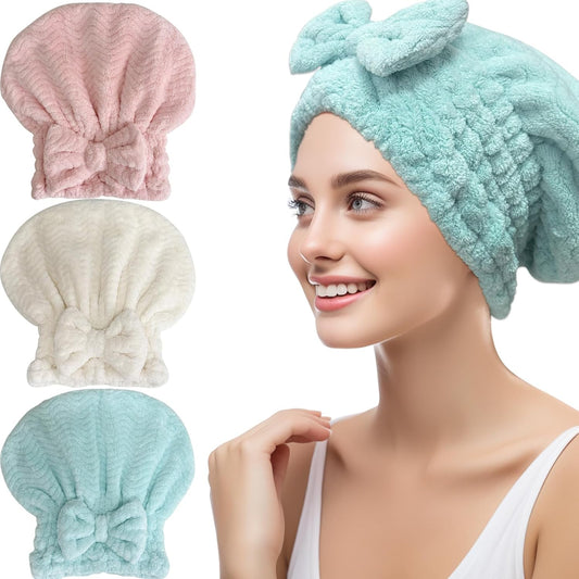 Jseng 3Packs Microfiber Hair Towel for Women - Quick-Drying, Super Absorbent Hair Wrap with Bow Design, Soft Hair Towel Turban for Curly Long Wet Hair