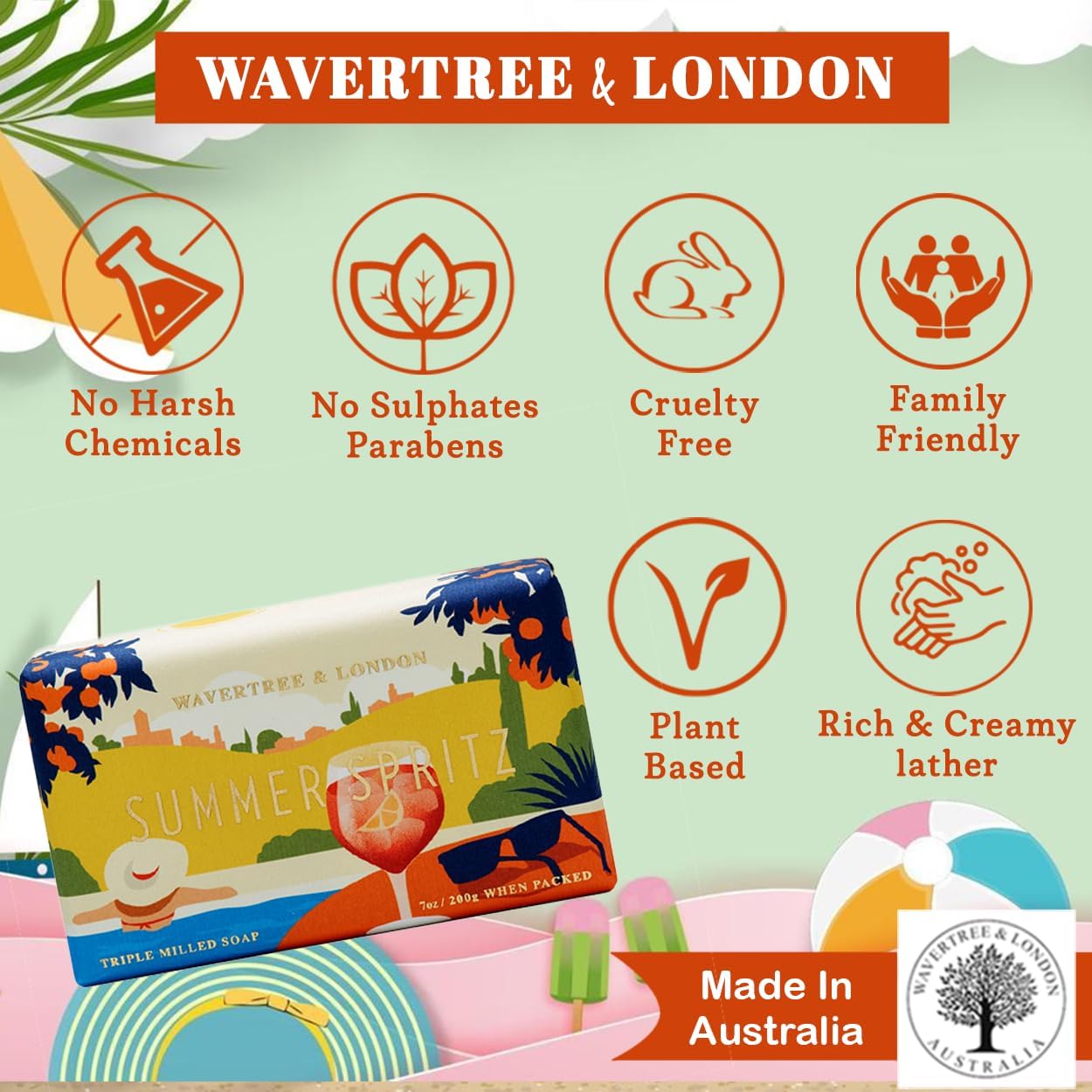 Wavertree & London Summer Spritz Scented Natural Soap Bar, 7oz Moisturizing French Triple Milled Soap Bar for Women & Men