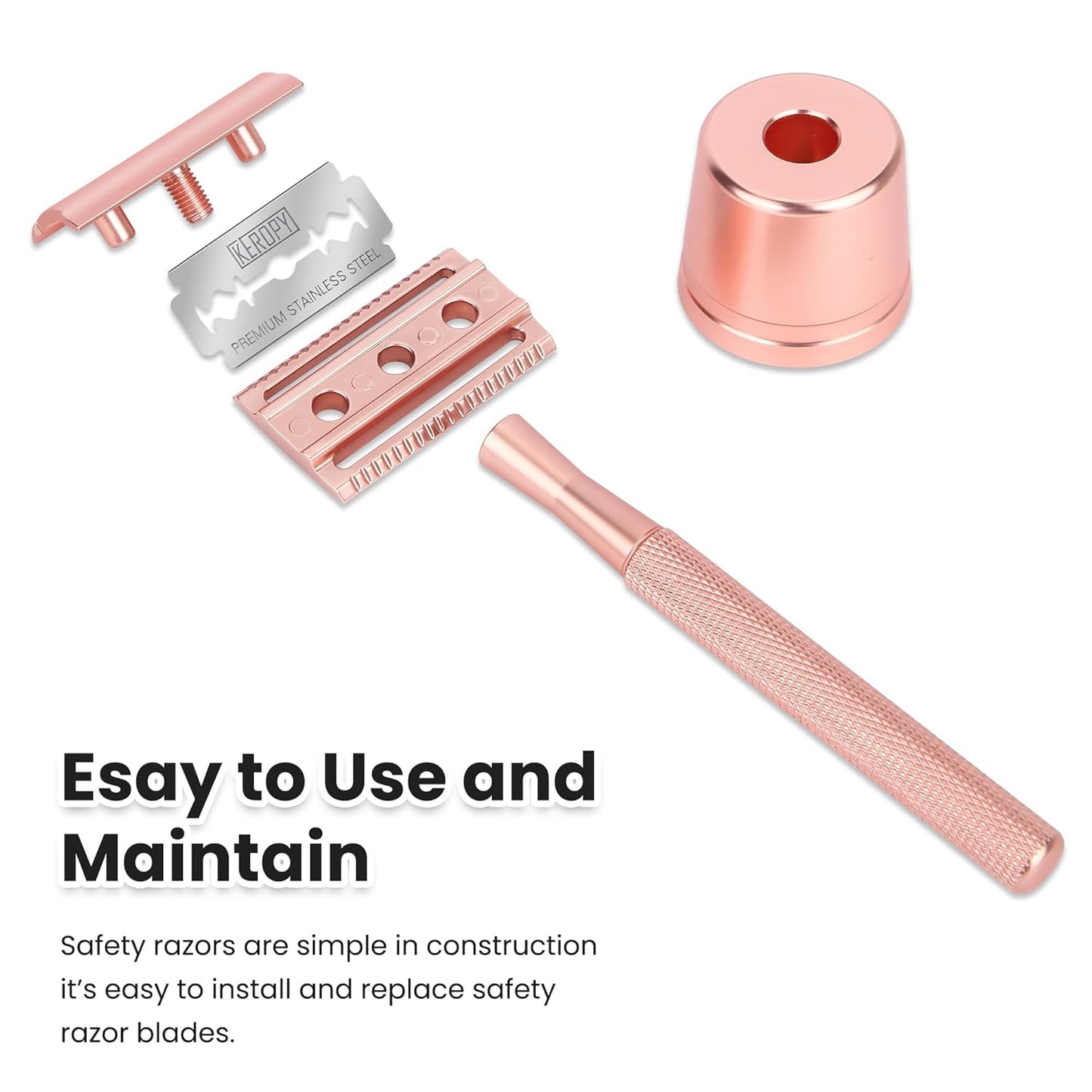 Double Edge Safety Razor For Woman With Stand and 10 Premium Stainless Steel Reusable Safety Razor, Razors For Shaving, Rose Gold