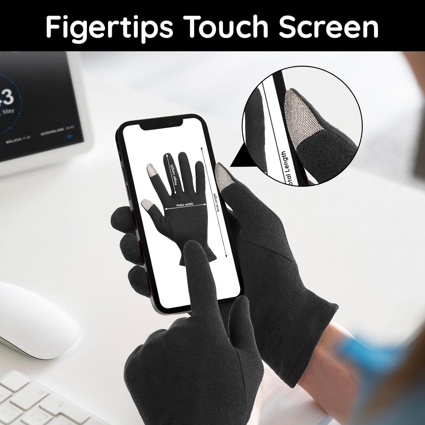 Segbeauty 8 Counts Black Cotton Gloves Touchscreen for Women and Men, 4 Pairs Hand Moisturizer Gloves with Elastic Band, Soft Sleeping Glove for Dry Hands Overnight, Spa Lotion Cotton Glove Liners