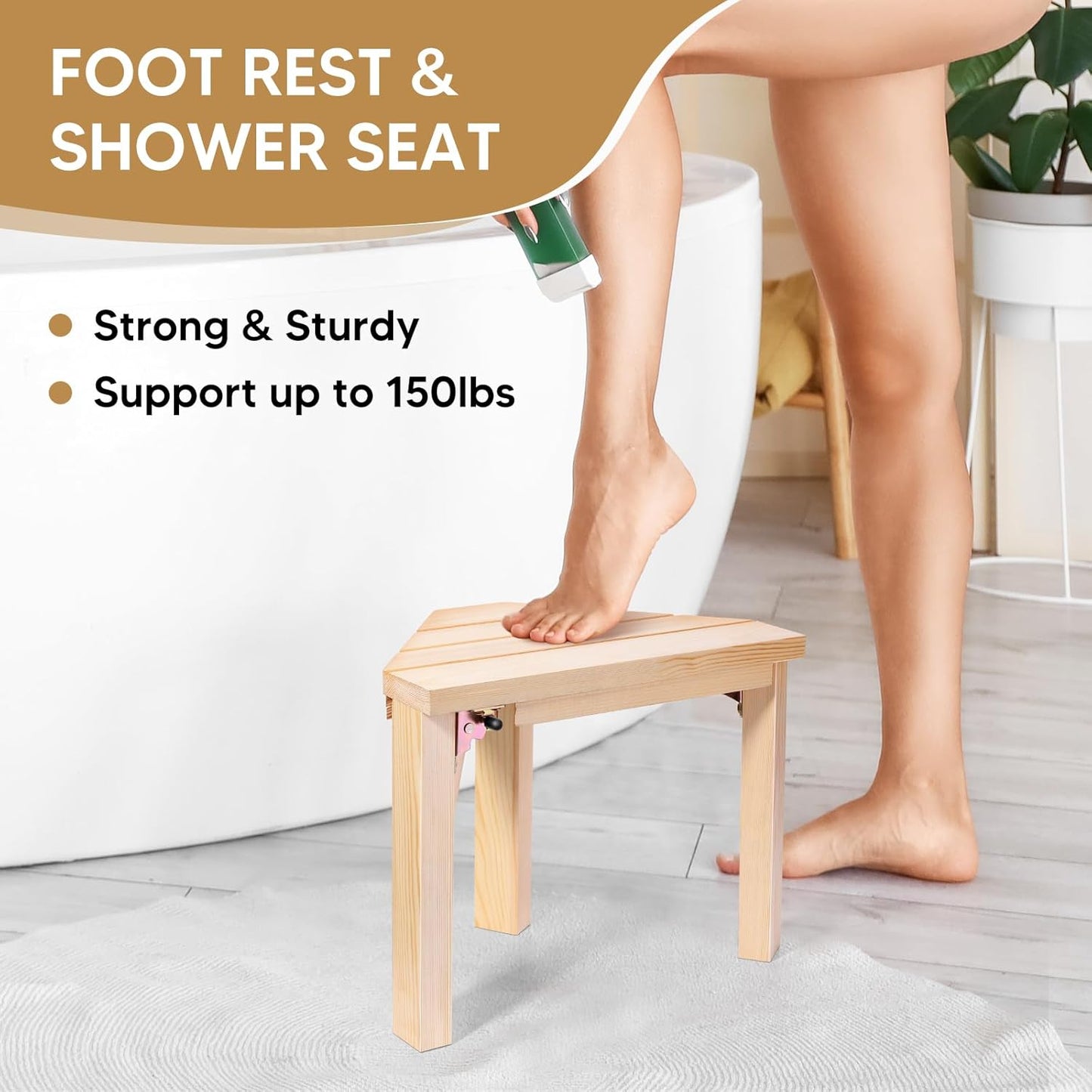 Shower Foot Rest, Wood Shower Stool for Shaving Legs, Corner Shower Stool Bathroom Shower Bench Waterproof Bath Bench Seat with Non-Slip Shower Stool for Inside Shower Bath Seat Spa Foot Rest