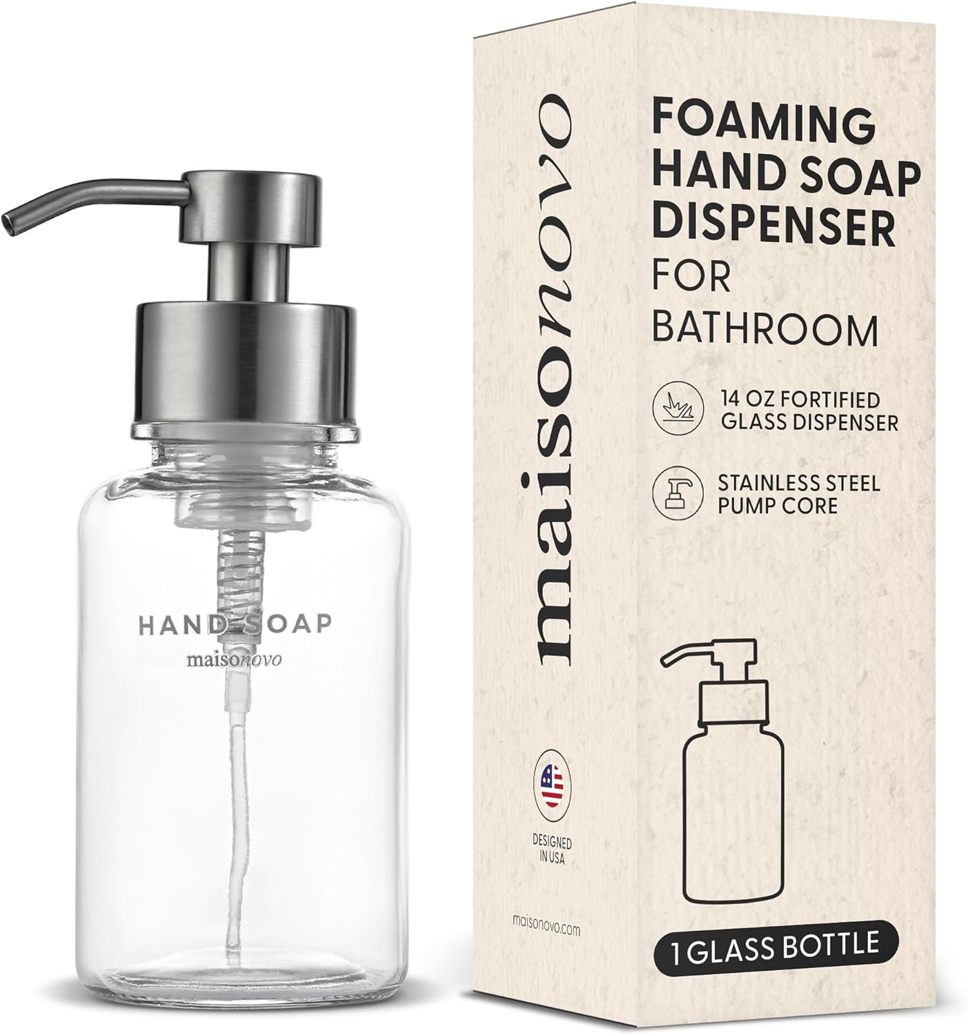 MaisoNovo Glass Foaming Hand Soap Dispenser 14 Oz | Clear Foaming Soap Dispenser Clear Bottle Silver Pump x 1 w/Labels