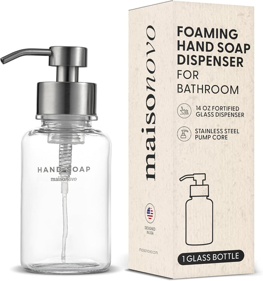 MaisoNovo Glass Foaming Hand Soap Dispenser 14 Oz | Clear Foaming Soap Dispenser Clear Bottle Silver Pump x 1 w/Labels