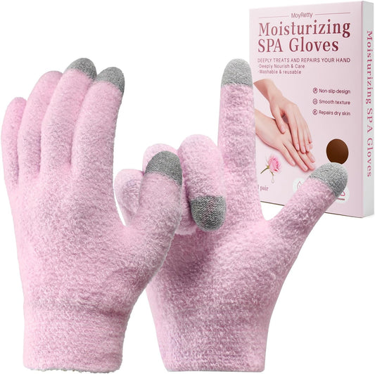 MoyRetty Touchscreen Silicone Moisturizing Gloves for Dry Hands Overnight, Reusable Hand Spa Gloves with Vitamin E & Jojoba Oil-Pink