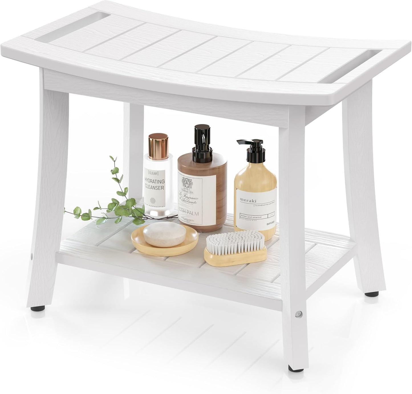 HIPS Shower Benches for Inside Shower, Waterproof Shower Stool with Storage Shelf & Adjustable Feet, SPA Bathroom Seat Chair for Shaving Legs, Indoor or Outdoor Use, White