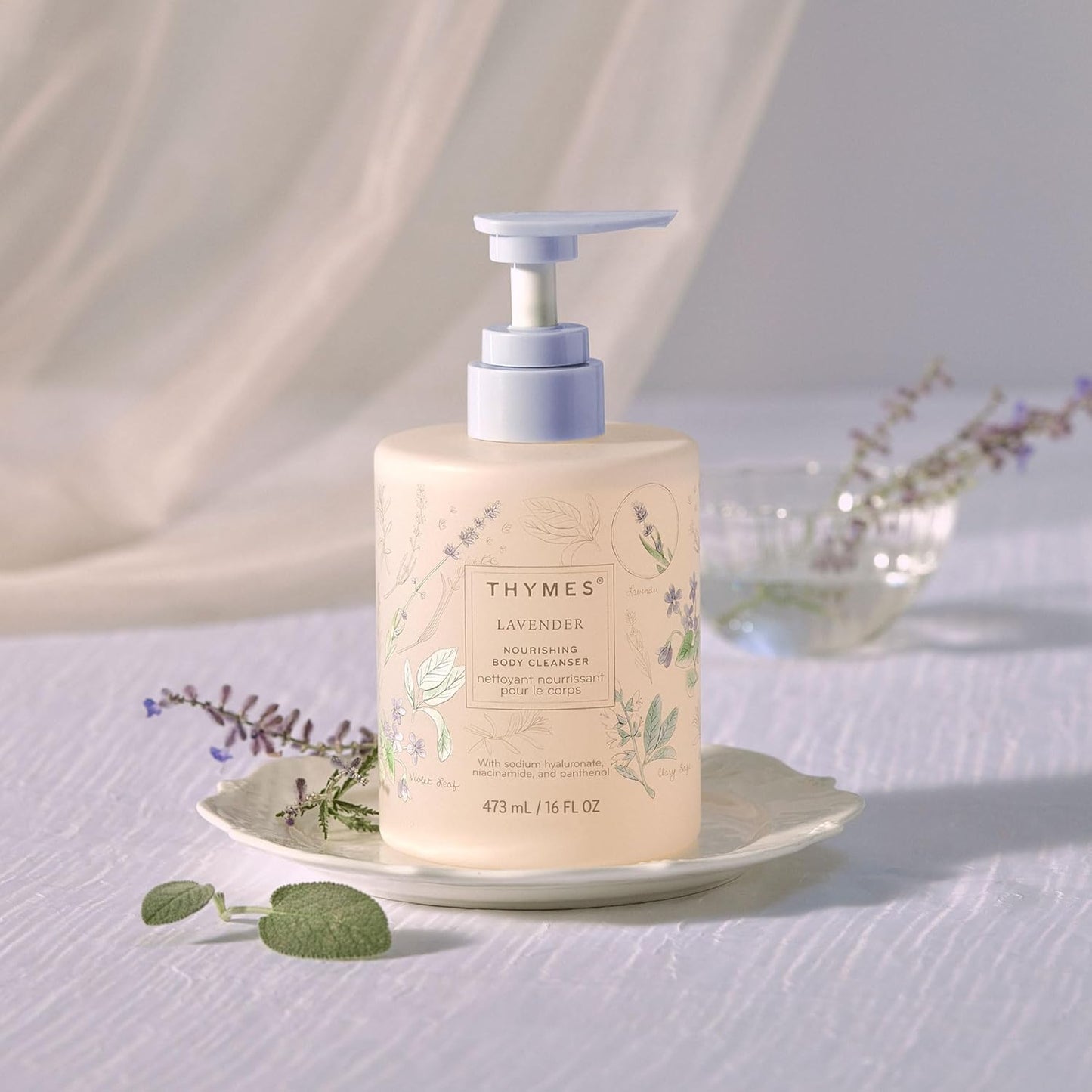 Thymes Nourishing Body Cleanser - Large Moisturizing Body Wash with Pump - Hydrating Cleanser - Notes of Velvety Lavender, Warm Rosewood, Fresh Clary Sage, & Earthy Violet (Lavender, 16 fl oz)