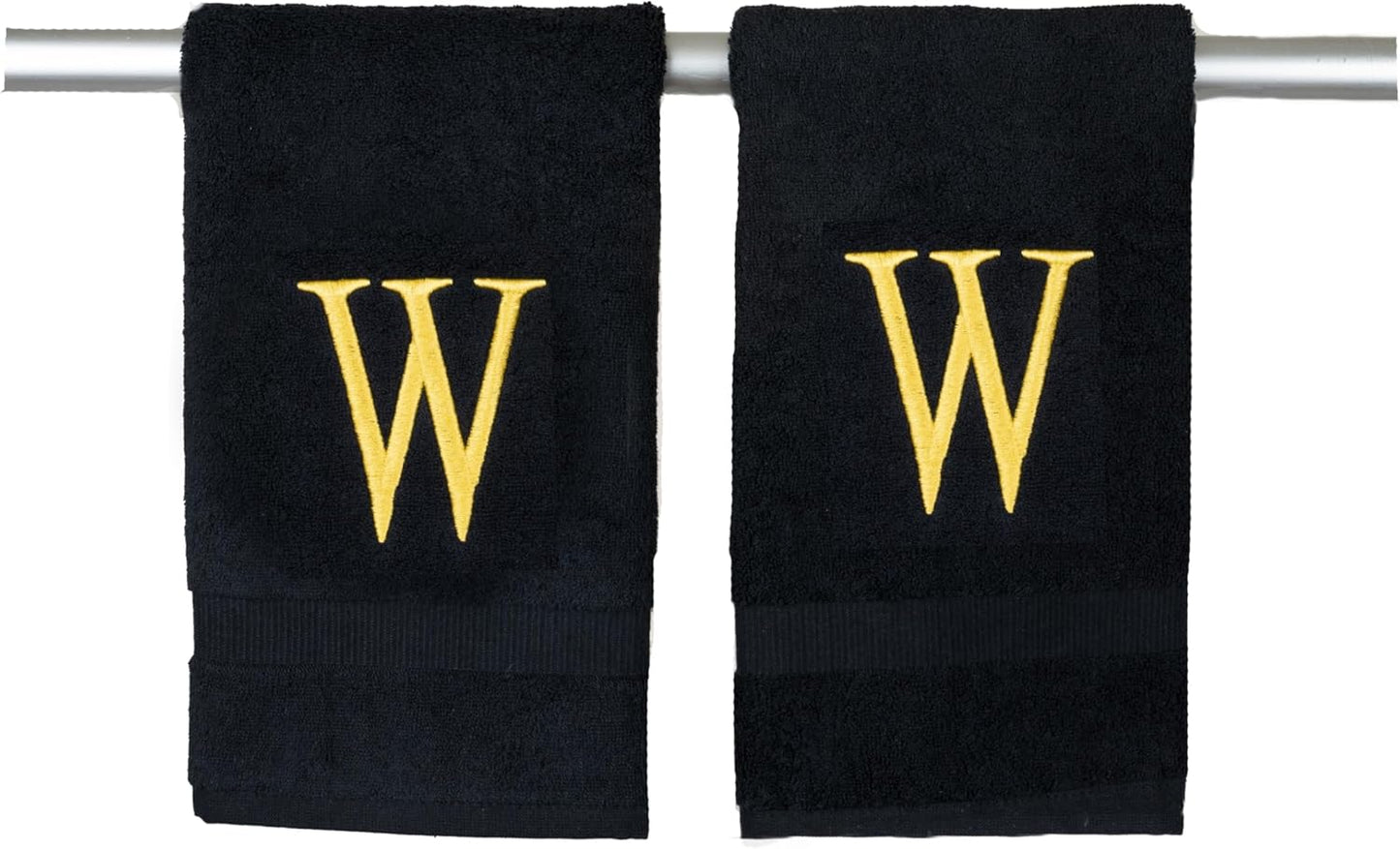 Black Luxury Hand Towel for Bathroom - Monogrammed Initial Hotel Quality Decorative Embroidered Towel for Powder Room, Spa - GOTS Organic Certified - Pack of 2, Letter W