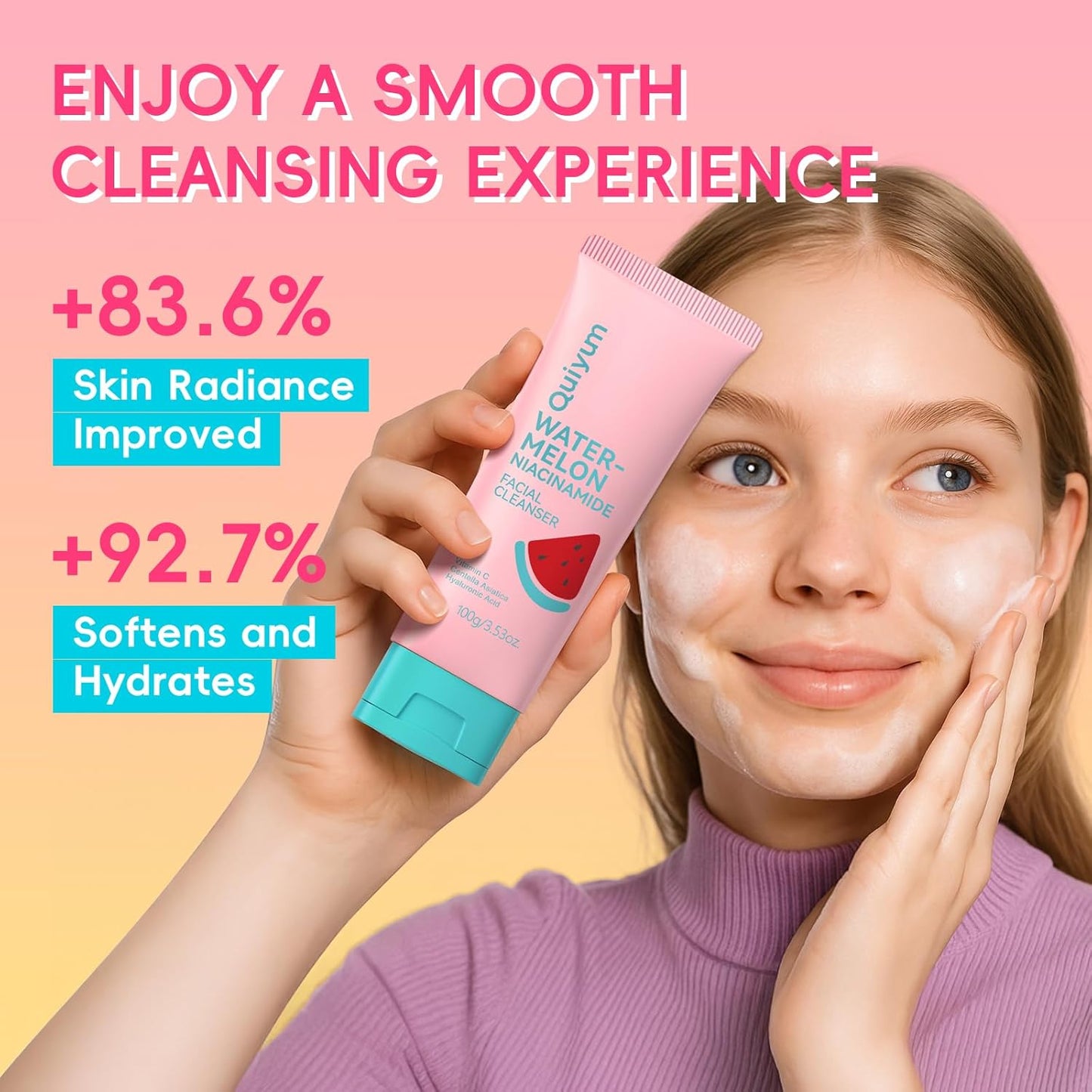 Foaming Face Wash, Watermelon Extracts, Niacinamide, Vitamin C, Hyaluronic Acid, Centella Asiatica, Exfoliating, Pore Minimizer, Hydrate, Glow, 3.53 Oz