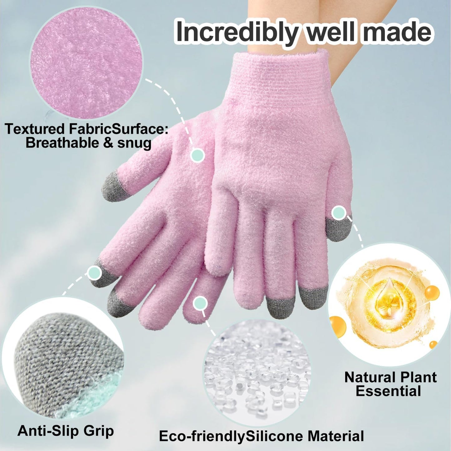 MoyRetty Touchscreen Silicone Moisturizing Gloves for Dry Hands Overnight, Reusable Hand Spa Gloves with Vitamin E & Jojoba Oil-Pink