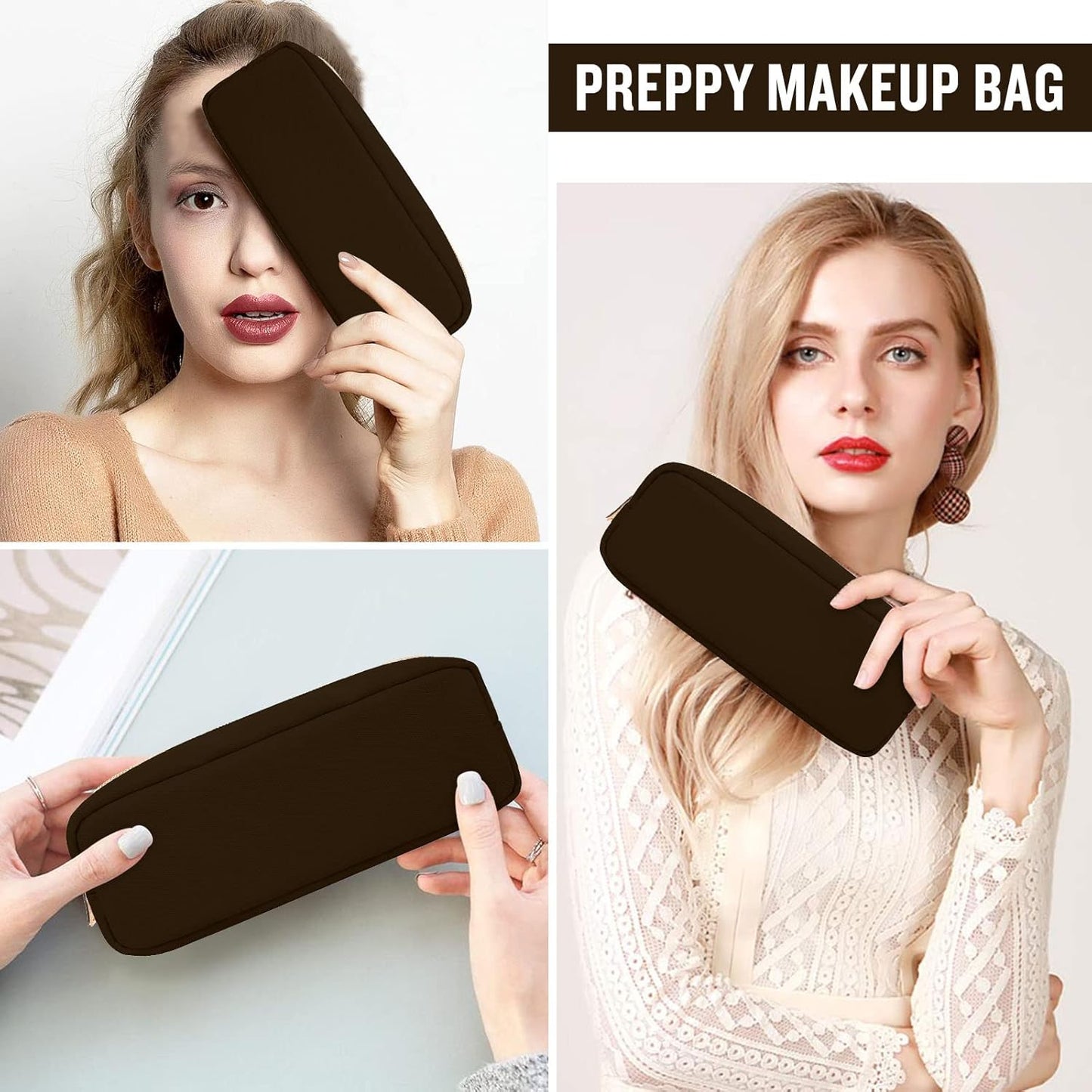 izuzta Nylon Small Makeup Bag Slim Pouch, Preppy Cute Makeup Brush Case Bag Cosmetic Zipper Pouch for Purse, Waterproof Travel Toiletry Bag Clutch Coin Pouch Make Up Organizer for Women(Brown)