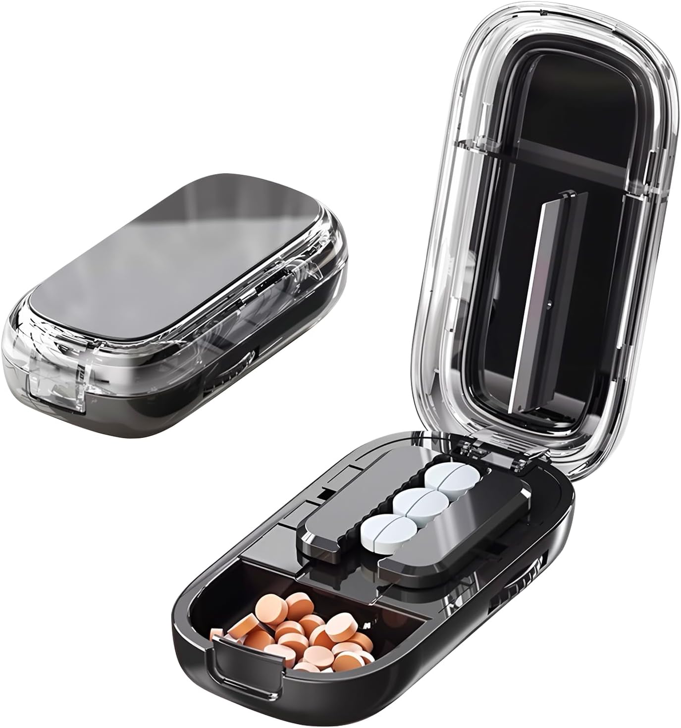 Portable Pill Cutter with Adjustable Slots – Multi Pill Splitter for Small & Large Tablets, Stainless Steel Blade, Clear Cut, Non-Slip Design, Easy to Use for Weekly Medication(Black, 1/2)