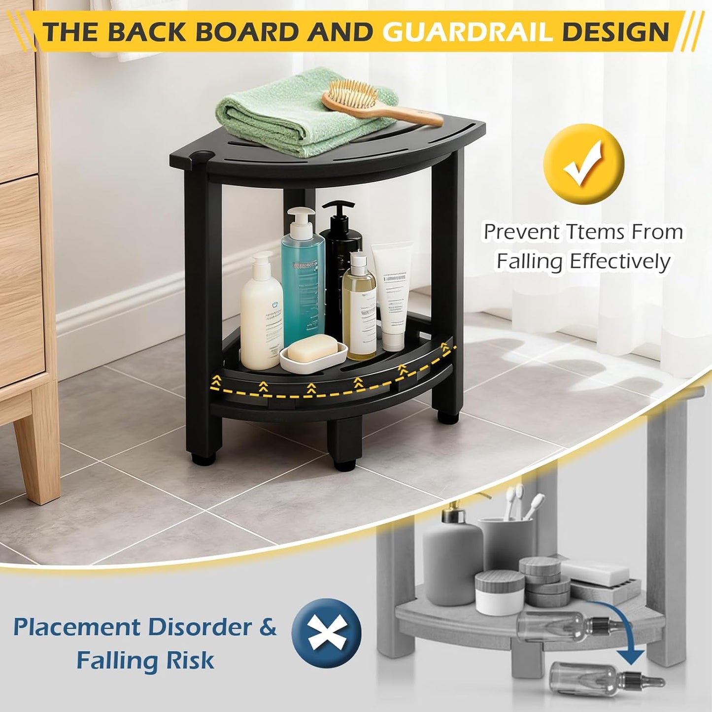 HDPE Corner Shower Stool for Shaving Legs, Waterproof Shower Stool with Storage Shelf for Bathroom,Black