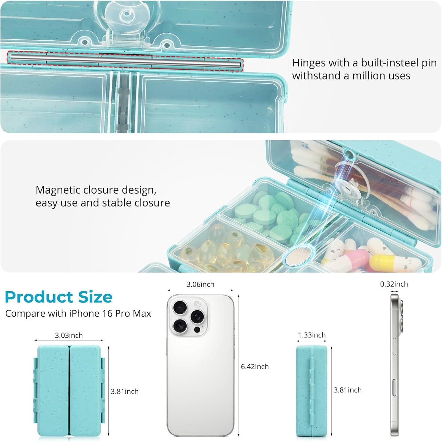 Zentiky Small Daily Pill Organizer with Labels, Medicine Pill Organizer Fit with Your Purse or Pocket for Travel to Hold Vitamin, Fish Oil, Supplement,Cotton Swabs, Bandages or Jewelry-Blue