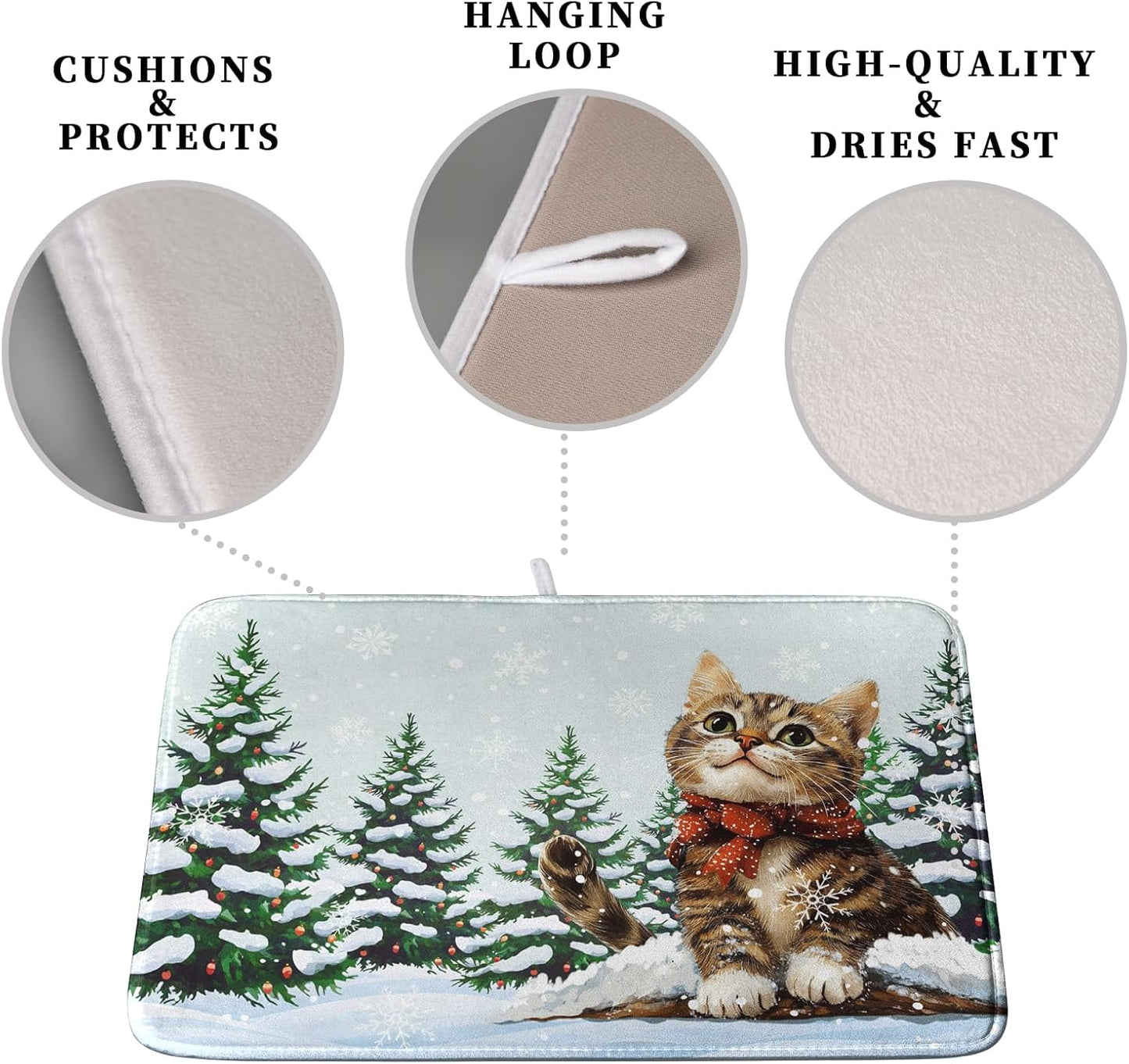Winter Cat Dish Drying Mat for Kitchen Counter 18x24 Inch Cute Kitty Snow Pine Tree Dishes Drying Mats Large Microfiber Absorbent Dish Rack Pad Fast Dry Dish Mat for Coffee Bar Sinks Home Accessories