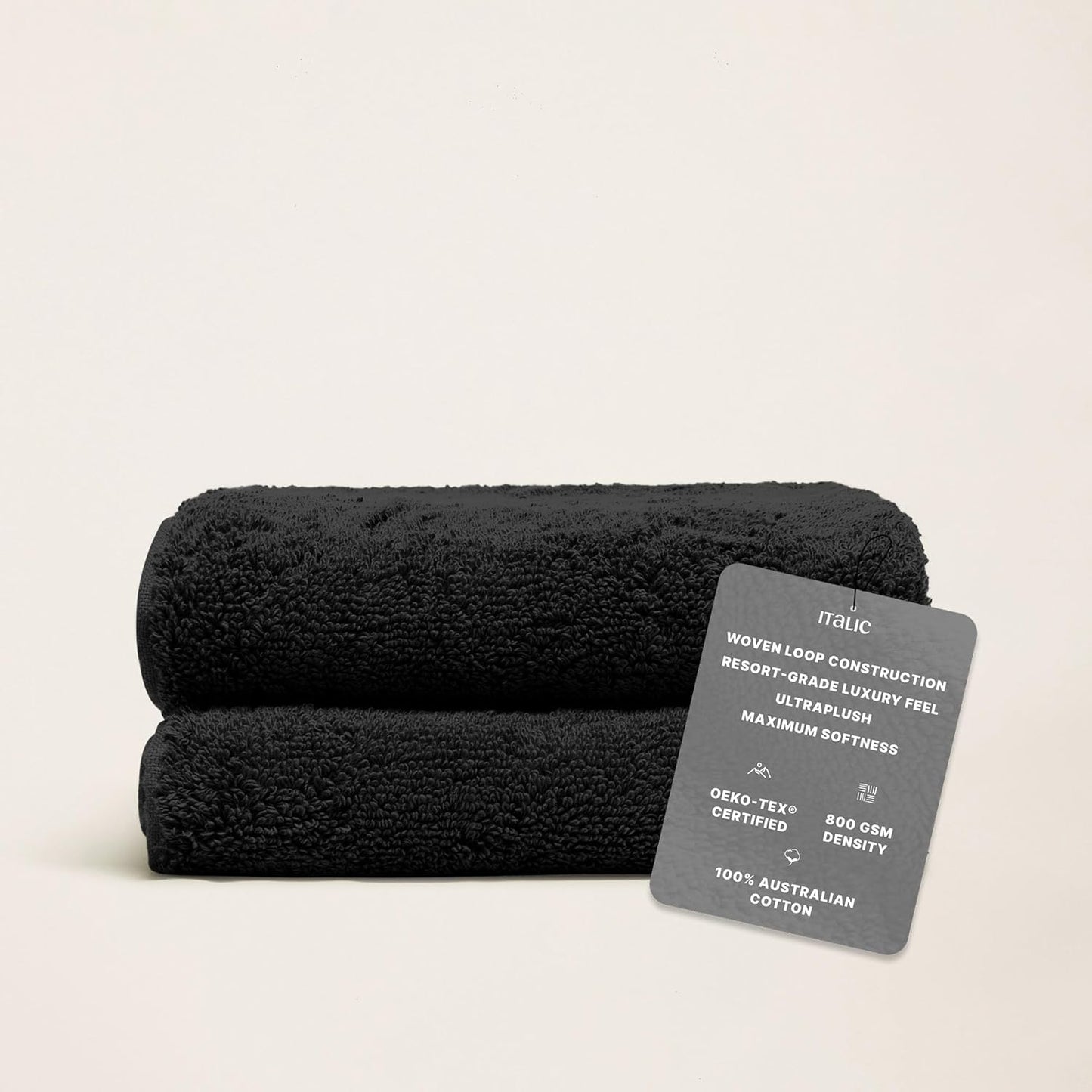 Italic Ultraplush 100% Australian Cotton Hand Towels - Set of 2 Luxury Hand Towels, Ultra Soft and Highly Absorbent 800GSM Towels for Bathroom,Shower, Hotel, and Spa (Black)