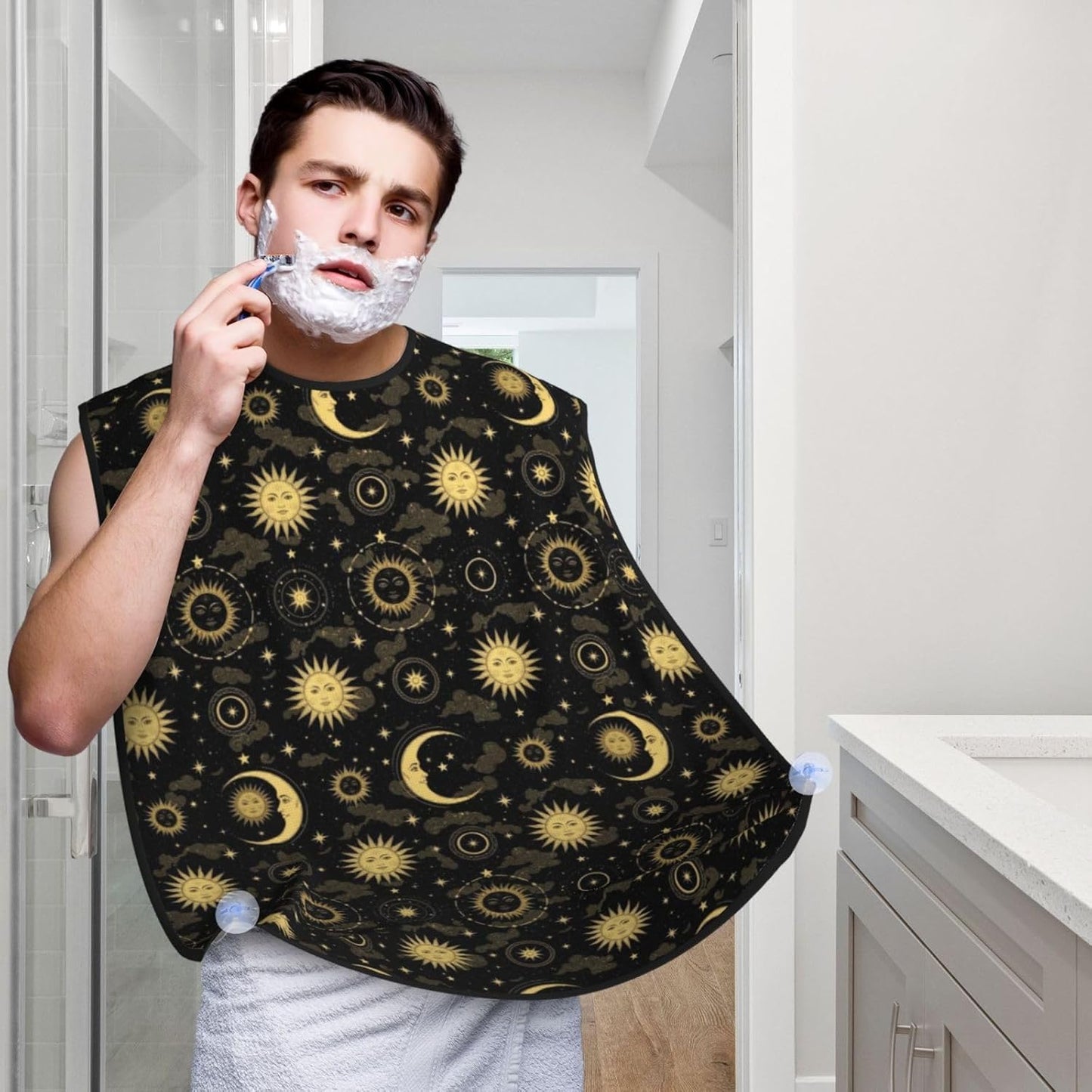 Beard Hair Catcher for Men, Waterproof Shaving Bib Apron Non-Stick, Trimming Tool for Dad Husband, Mystical Magical Cosmic Astrology Sun Crescent Moon Stars Gold Black Art Shave Bib