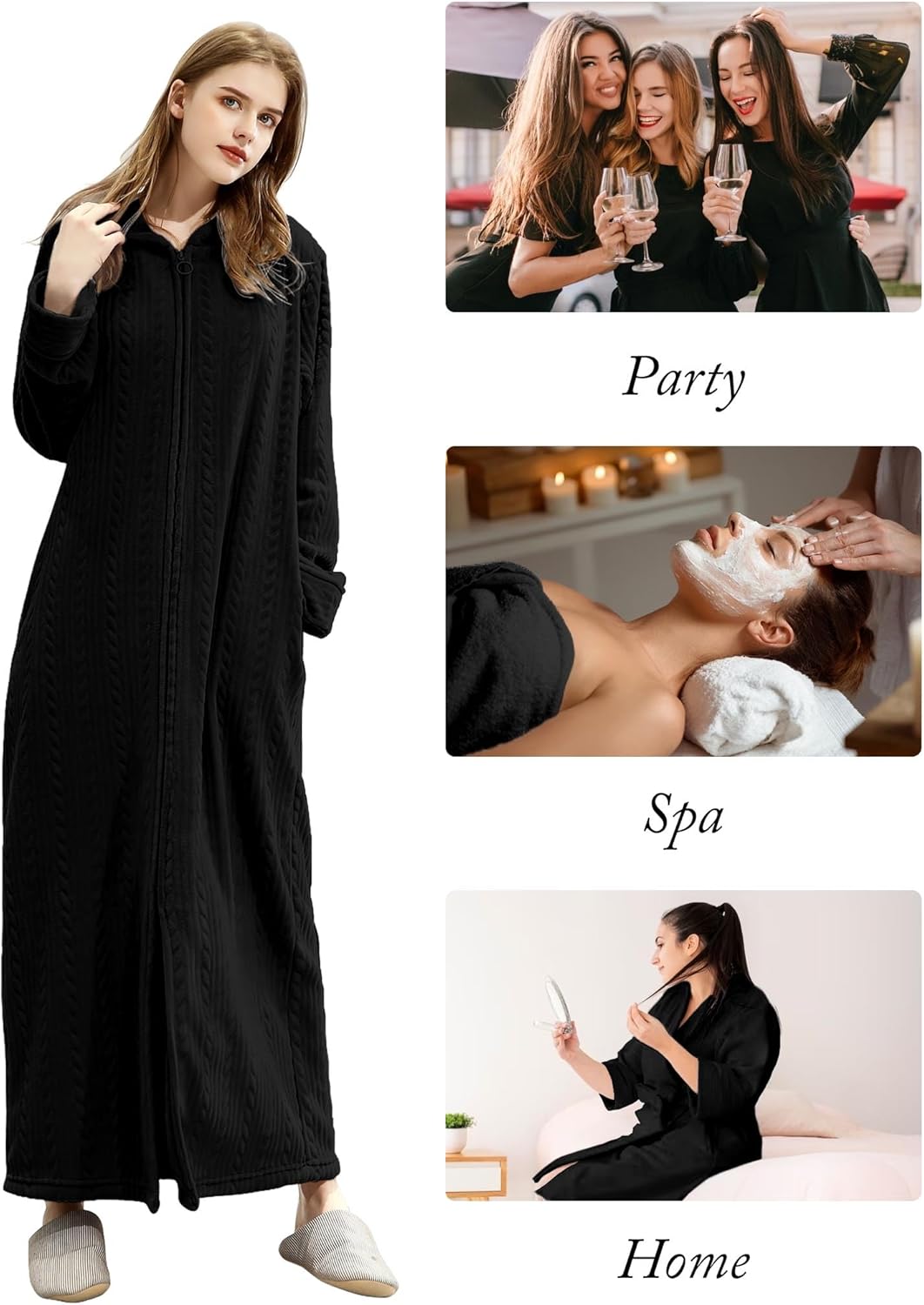 Hellomamma Long Hooded Zipper Bathrobe for Womens Flannel Fleece Robes Winter Warm Housecoat Nightgown Sleepwear Pajamas